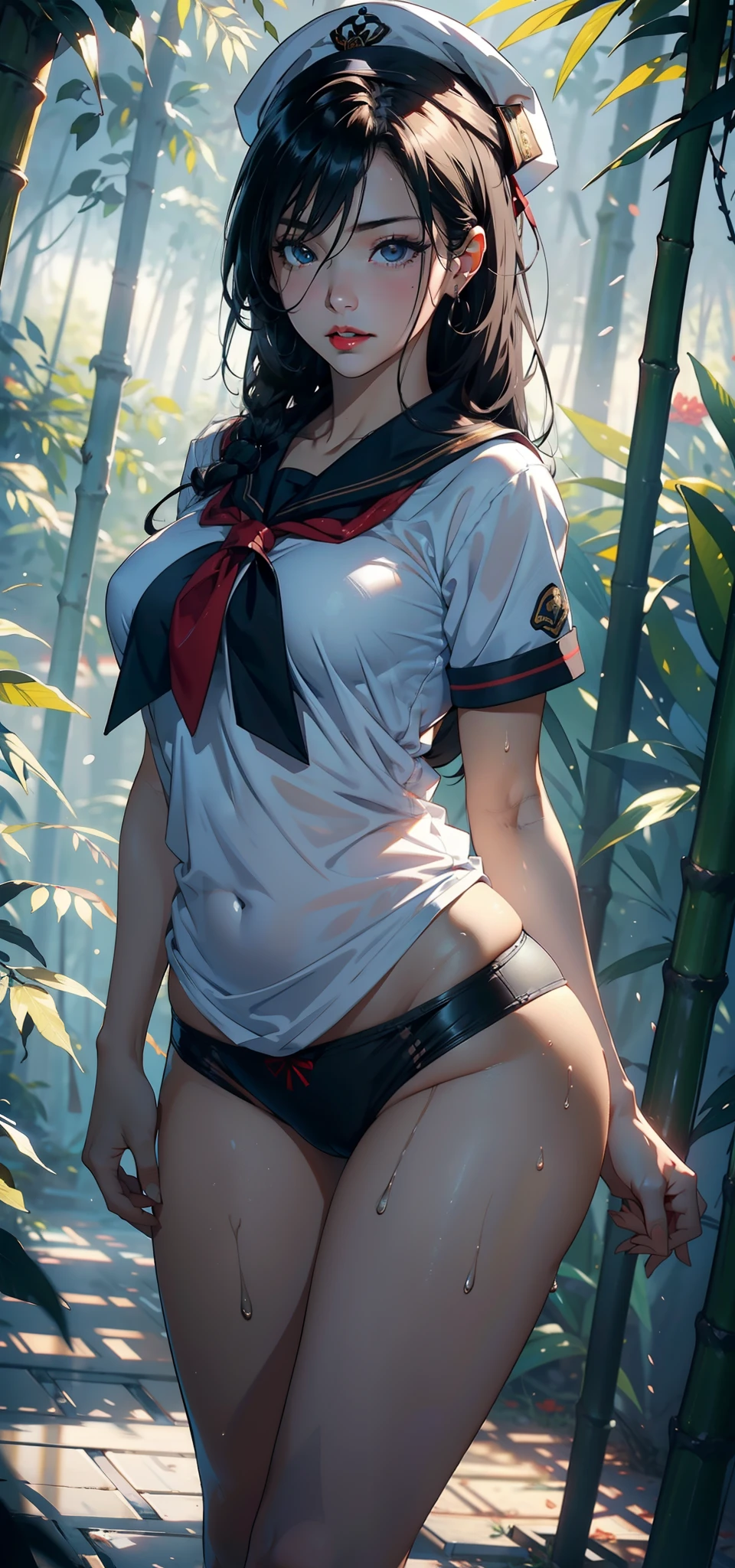 1female，36 years old，熟妇，mature，Bigchest，Big breasts Thin waist，long leges，Raised sexy，Pornographic exposure， 独奏，（Background with：bamboo forrest，Snow on the ground） She has short black hair，standing on your feet，Sweat profusely，drenched all over the body，seen from the front， hair straight， mostly cloudy sky，（（（tmasterpiece），（Very detailed CG unity 8K wallpaper），best qualtiy，cinmatic lighting，detailed back ground，beatiful detailed eyes，Bright pupils，（Very fine and beautiful），（Beautiful and detailed eye description），Black eyes，Redlip，ultra - detailed，tmasterpiece，）），facing at camera，（The upper part of the body），A high resolution，ultra - detailed），revealing breasts，Bare genitalia，  Bulge，legs are open，sexyposture，Camel toes，Flushed complexion，Open-mouthed，frontage，，Sailor's cap（Wearing：校服，Sailor uniform，，dynamicposes）
