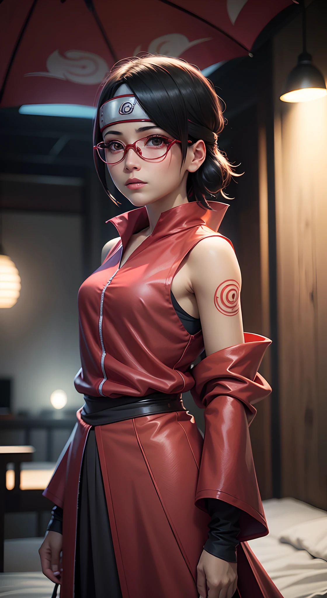 Sarada, Cabelo preto curto , olhos pretos, and with red glasses , nova com uma tez de pele clara , tem 18 anos , Esse ganho de peso , Parte superior do corpo , Seios gordinhos e gordinhos , Use uma roupa shinobi , It is in the dining hall of Shinobi Academy 