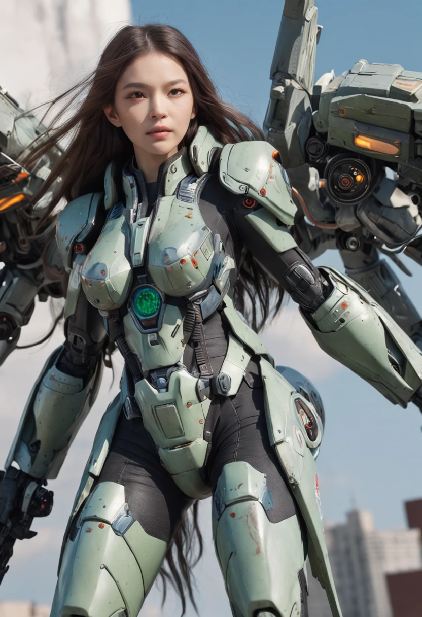 A super cool girl，
sliver long hair，With a mask，Wearing oversized mechs，mech wings，fly
boat，Green light，With artillery，blasts，Background Hit Screen，CG plugging
Painting style，Blue sky，In the midst of war，Dragon mech，Tall buildings tower，
Monster fighting，close-up all over the body，SENSE OF CINEMA，hyper HD，hyper-detailing，create
meaning，The picture is HD，Cold，flame of war