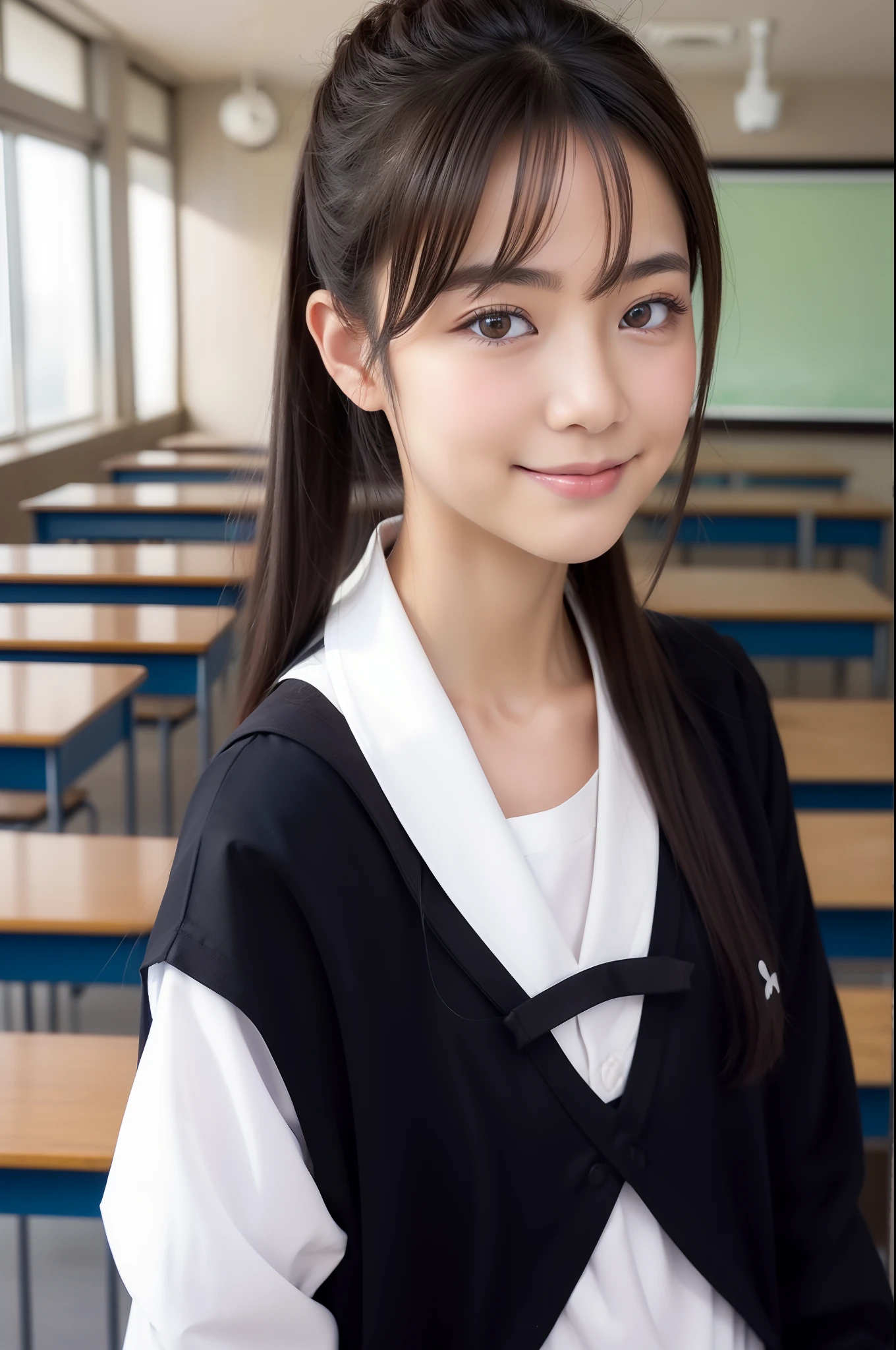 ((Classroom、hi-school girl、校服、Chest ribbon、A slight smil、top-quality、8k、masterpiece:1.5))、foco nítido:1.5、Beautiful woman with perfect body:1.5、slim abdomen:1.2、((poneyTail、huge tit:1.2))、Highly detailed facial and skin texture、 A detailed eye、二重まぶた