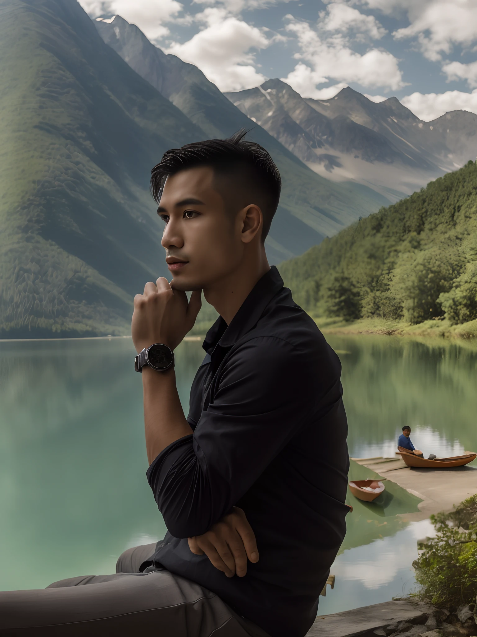 there is a man sitting on a ledge near a lake, hoang long ly, thawan duchanee, nivanh chanthara, taken with sony alpha 9, profile portrait, lake in the background, profile pose, thinking pose, taken with canon 8 0 d, with mountains in the background, dang my linh, sitting in front of a lake