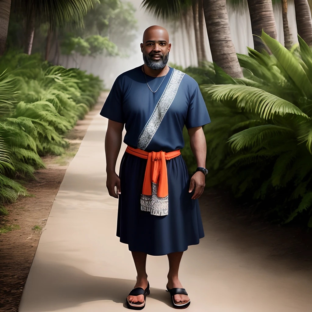/imagine **blend of comic book art and lineart in full natural colour a full body portrait short Middle-aged black  man with a strong build, weathered features, and a warm smile. Bald head with a few graying hairs, and a neatly-trimmed beard.
   - Age: Around 45 years old.
   - Clothing: Wearing a simple tunic made of woven fabric, earth-toned colors that blend with the environment. Leather sandals on his feet tropical   forest  in background 
__v 5
__ar 4:5
__s  750** - Upscaling by