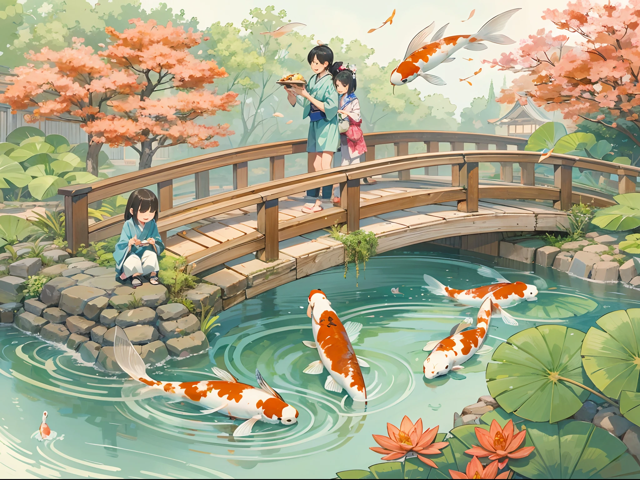 A family is happily feeding koi from a bridge in a park. They are standing on the bridge and throwing food into the pond below, where the koi are eagerly swimming up to eat. The picture is drawn in a modern Japanese style.