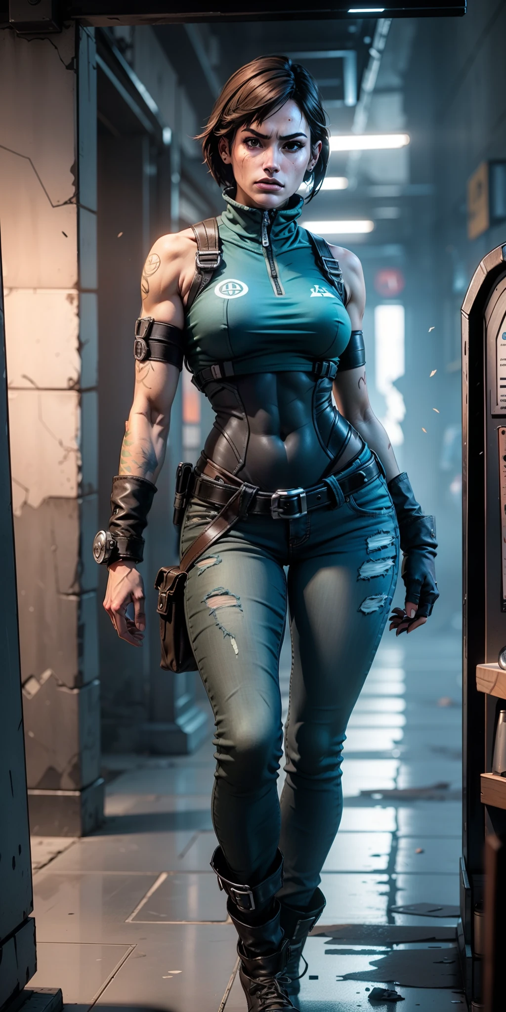 Obraprima, melhor qualidade, Ultra Detalhado, 8k, Jill Valentine Resident Evil, Pose de combate, cidade enfestada de zumbi, top azul rasgado, saia jeans, Botas, rosto bonito, perfect hands, corpo esbelto, cintura marcada, corpo magro, rosto simetrico, corpo proporcional, well-formed hands, art-station, foco fino