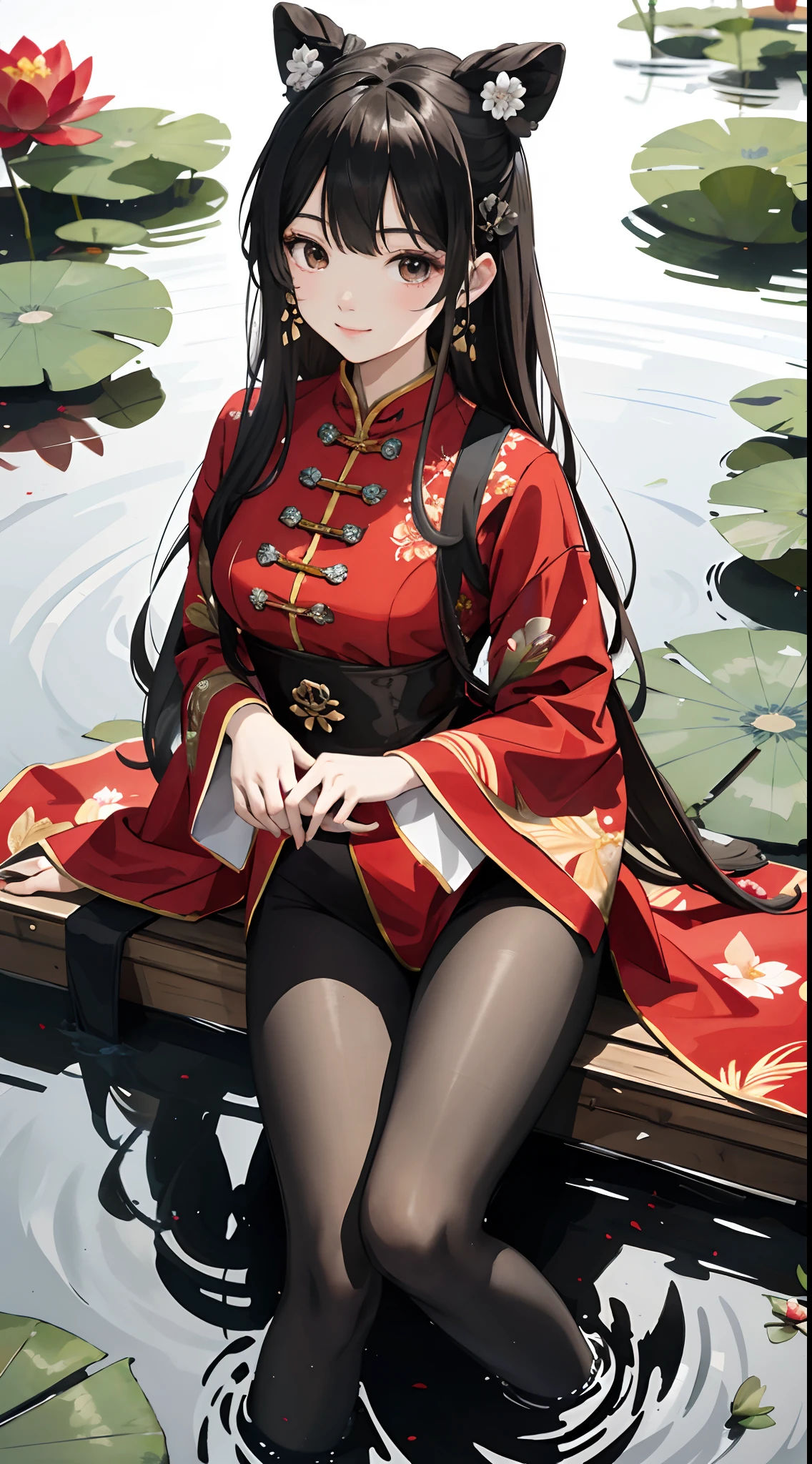 hoang lap，8K high resolution，ultra - detailed，（1girll：1.3），handpainted，Simple lines，16-year-old girl wearing red Chinese outfit with black pantyhose，beuaty girl，In the lotus pond，tmasterpiece，Sit on a plank floating in the water，Floating hair，looking toward the viewer，ssmile，posed for photo，