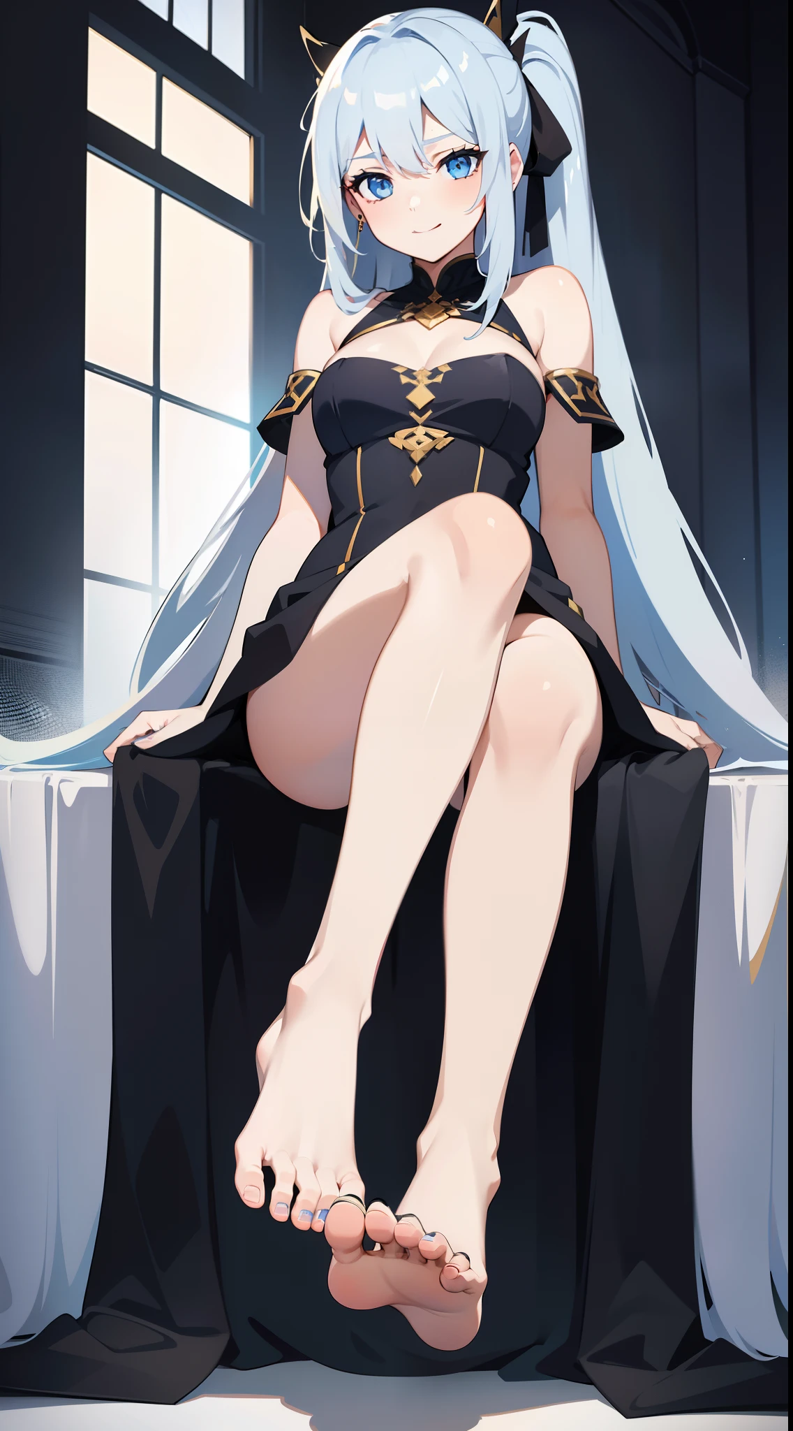 young girl, Long white hair with blue strands, blue eyes, high ponytail, black blue dress, Gold Elements, bare back, Sits, foot on foot, ssmile, Masterpiece, hiquality