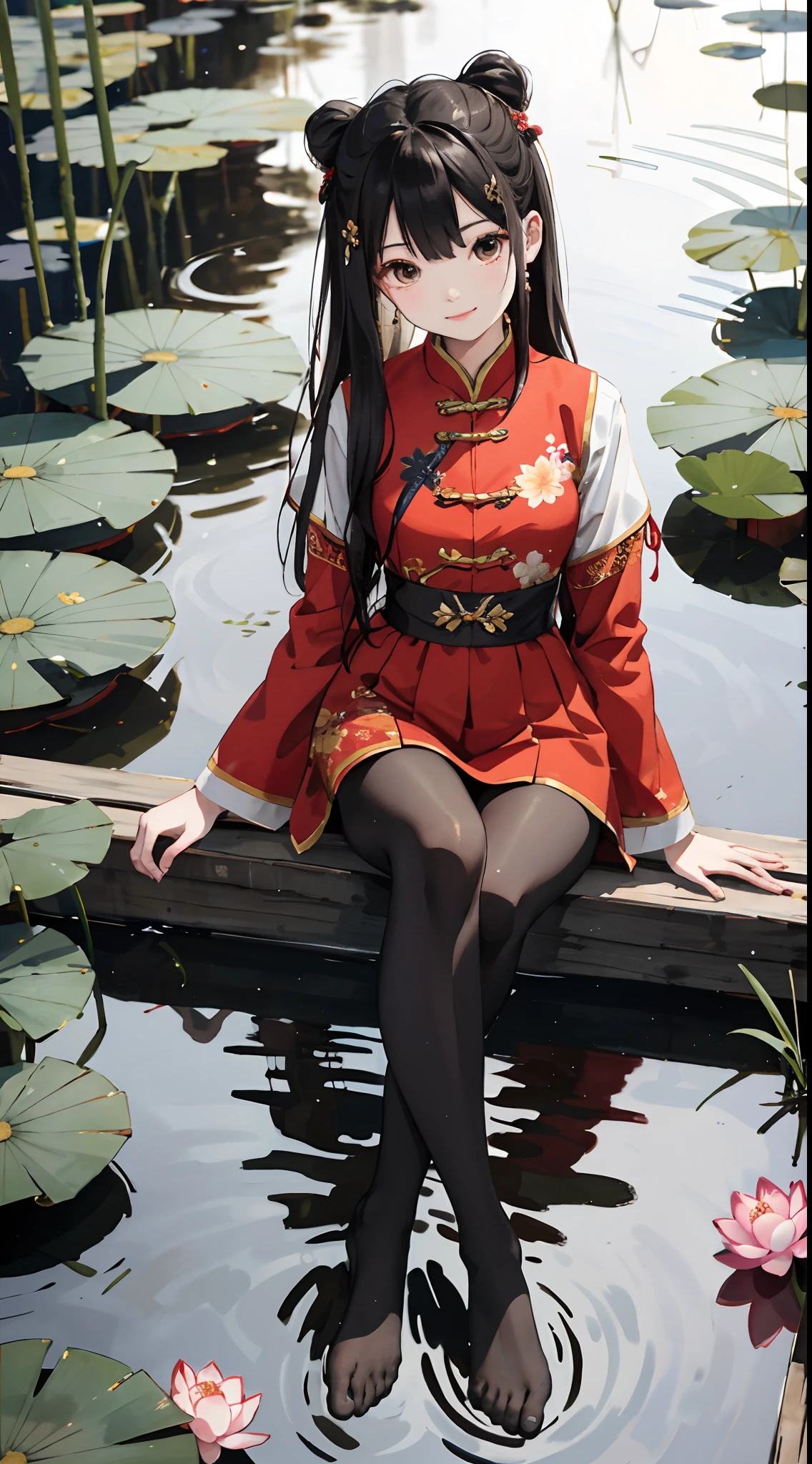 hoang lap，8K high resolution，ultra - detailed，（1girll：1.3），handpainted，Simple lines，16-year-old girl wearing red Chinese outfit with black pantyhose，beuaty girl，In the lotus pond，tmasterpiece，Sit on a plank floating in the water，Floating hair，looking toward the viewer，ssmile，posed for photo，