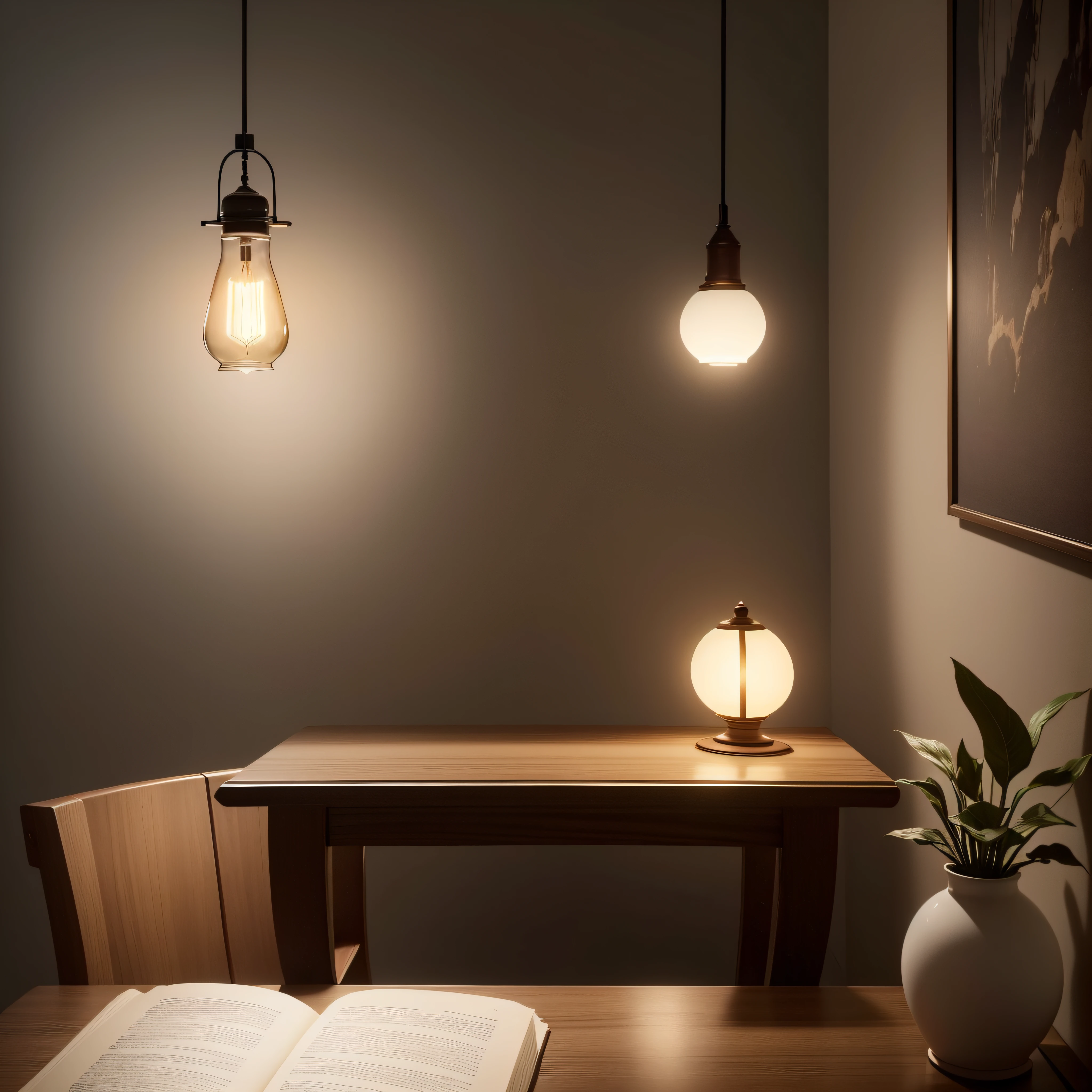 Na suave penumbra de um ambiente aconchegante, A scene emerges that invites contemplation. A minimalist design lamp is carefully positioned in the center of the wooden table, that radiates a sense of solidity and skill.
The illuminator is a masterpiece of elegant lines and refined materials. Seu corpo, em um metal escuro e fosco, sobressai sutilmente sobre o fundo neutro do ambiente. A base do iluminador tem uma ligeira curvatura, resembling the shape of a drop of water, and expands gently towards the top.
A single exposed filament lamp is suspended inside a translucent glass globe, emitindo um suave, golden light diffusing across the surface of the table. The warm voice of the light creates a pleasant contrast with the wood of the table, enhancing its textures and natural nuances.
The table itself seems to carry the story of many shared moments. Os sulcos e marcas na madeira contam a narrativa do tempo e do uso, each imperfection adding character to the piece. Em cima da mesa, Some carefully captured objects captured the essence of space: um livro entreaberto com uma caneta de tinta permanente, a cup of still steaming tea and a delicate arrangement of flowers picked from the garden.
The soft light of the lighting doesn't just illuminate the objects on the table, but it also fills the room with a warm and serene feeling. The dancing shadows of the leaves of the flowers protrude on the walls, creating a play of light and shadow that adds a touch of magic to the scenery.
Nessa cena, The illuminator is not just a functional light source, rather, an artistic focal point that transforms a table into an altar of contemplation, where precious moments can be vivid and enjoyed amidst the simple beauty and tranquility that soft light provides.
