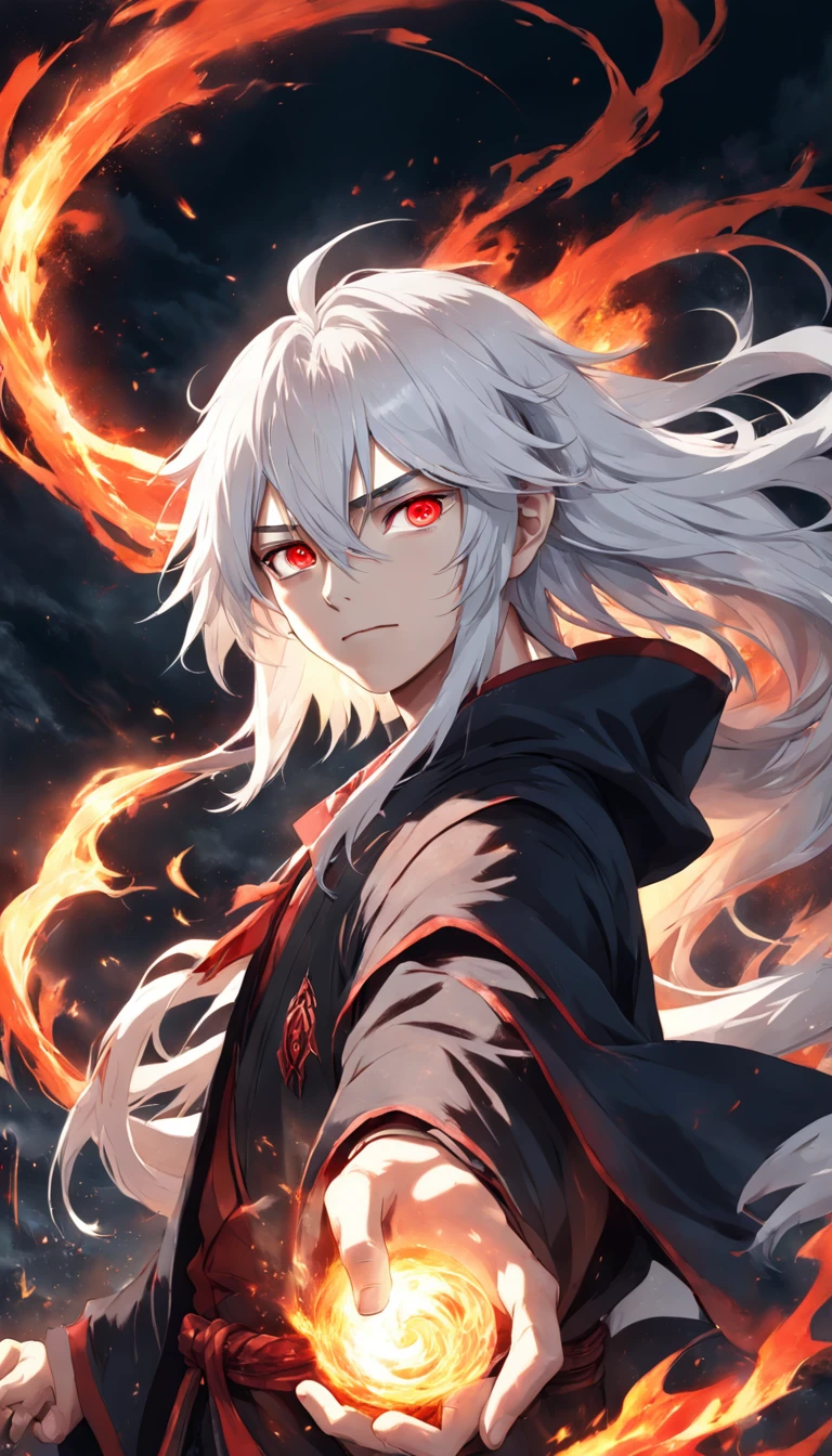 Best quality, Masterpiece, 超高分辨率, (photograph realistic:1.4), surrealism, Dream-like,fusionart, anime boy, long white hair, red eyes, in the dark, fire magic,