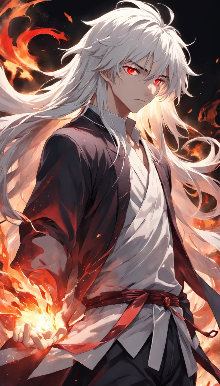 Best quality, Masterpiece, 超高分辨率, (photograph realistic:1.4), surrealism, Dream-like,fusionart, anime boy, long white hair, red eyes, in the dark, fire magic,