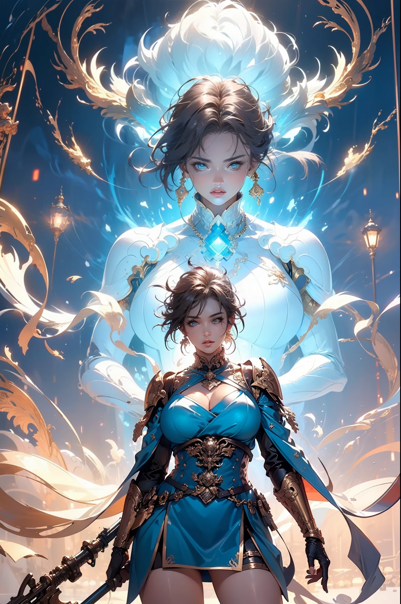 (((Behind it is a huge bronze ding)))，Bronze ding，A woman of outstanding figure，Wear a nice miniskirt，Leaking out of both shoulders，jewely，Amazing work，Vitreous luster,clean backdrop，High gloss，blue colors，In pink，cyan colors，red colour
