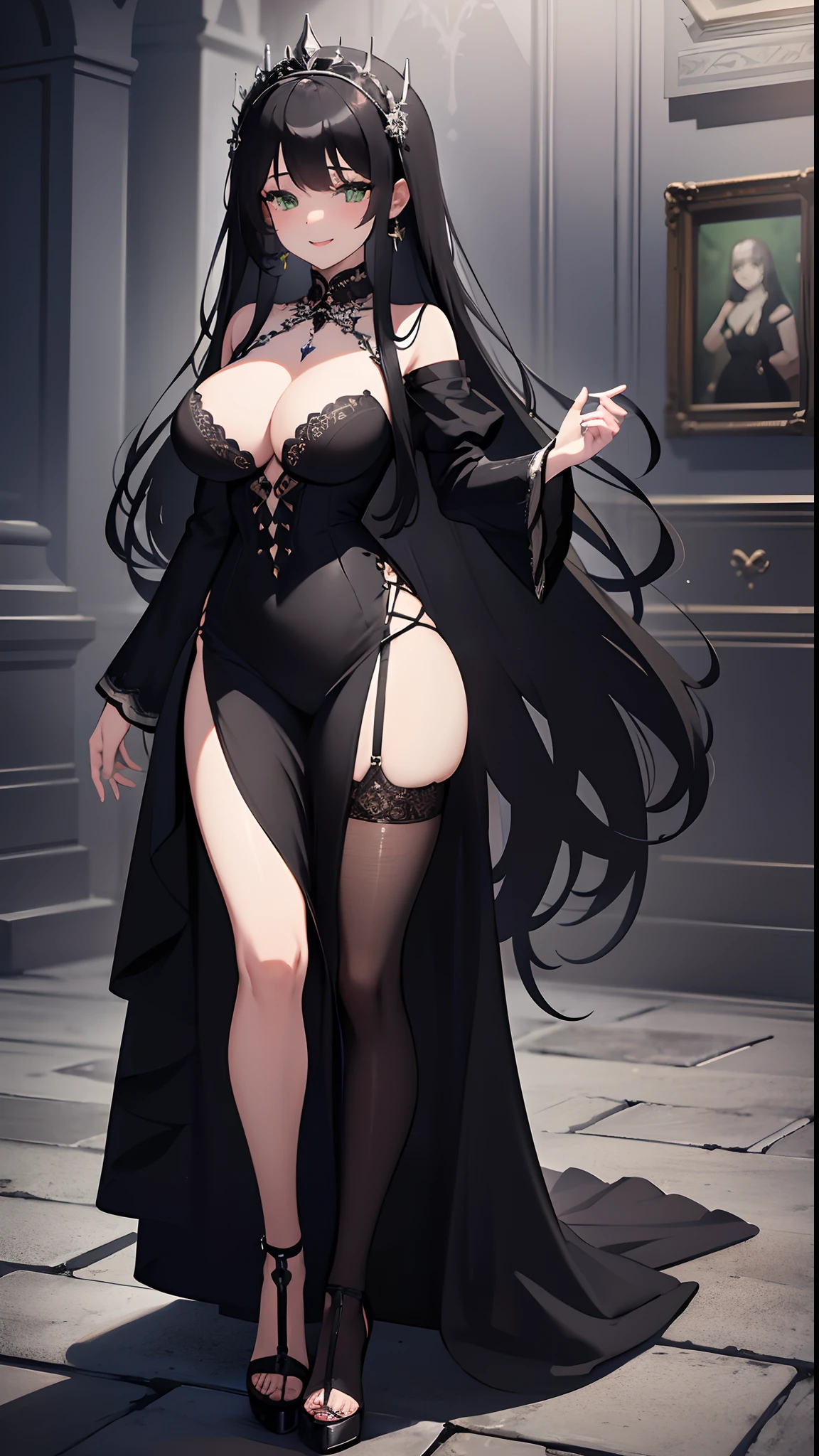 Masterpiece, dreamlike art, ultra detailed, absurdres, 1 girl, solo, full picture, long black hair, dripping_hair, green eyes like gemstone, young woman,wind blowing, holding down own skirt, gracious intricate black wedding dress with single black stocking, ultra detailed black wedding dress, high heels, wedding ceremony in background, joyous smile