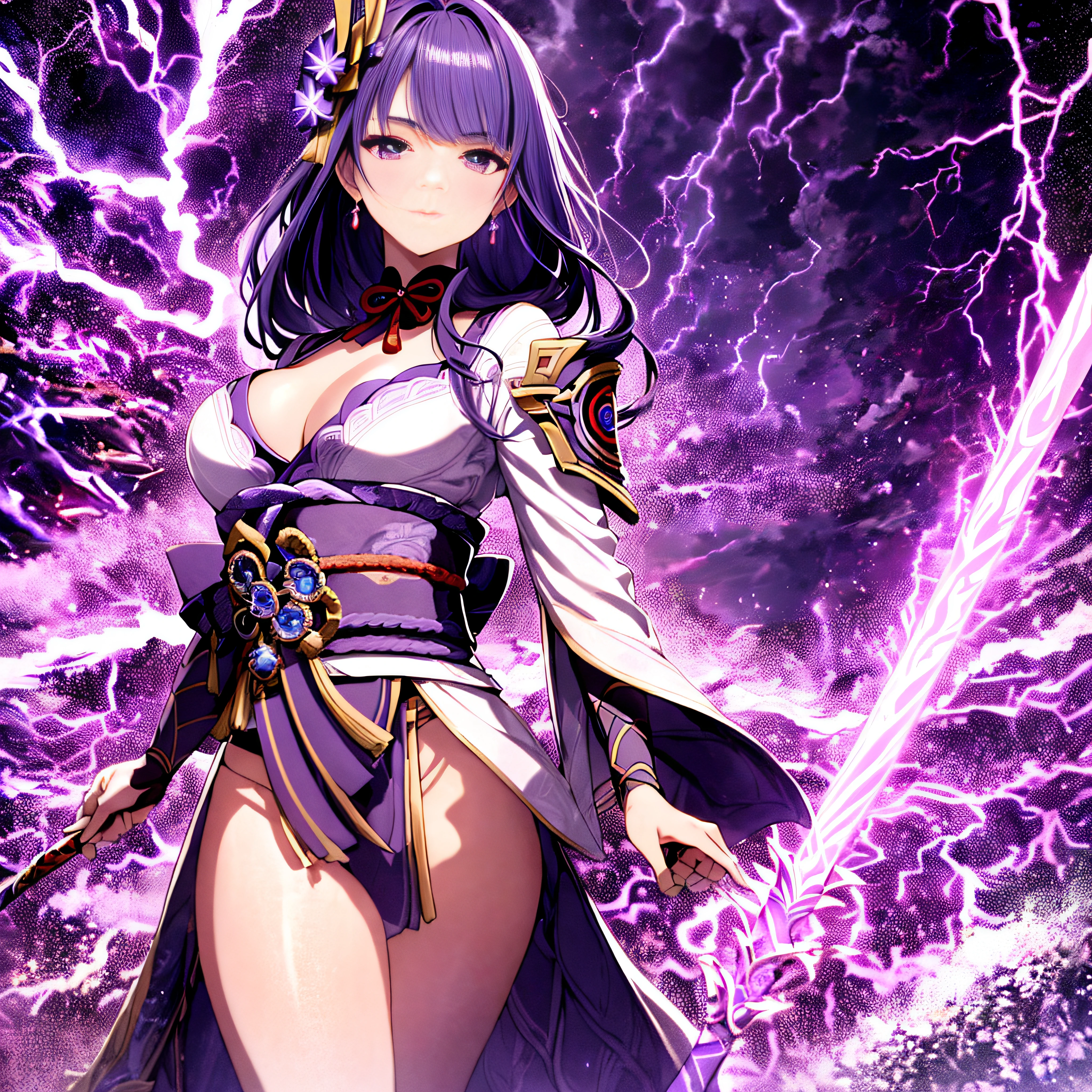 Create a breathtaking artwork capturing the enigmatic beauty and power of the character Raiden Shogun from Genshin Impact. Portray her standing atop the divine lightning, her ceremonial attire flowing majestically as she wields her polearm 'Musou Shinsetsu.' The backdrop should showcase the ephemeral splendor of the Inazuma landscape, with thunderstorms illuminating the horizon and the emblematic Shogun's palace faintly visible in the distance. Let the artwork evoke a sense of both reverence and mystery, capturing the essence of Raiden Shogun's character in all its glory, lightning sword, lightning aura.