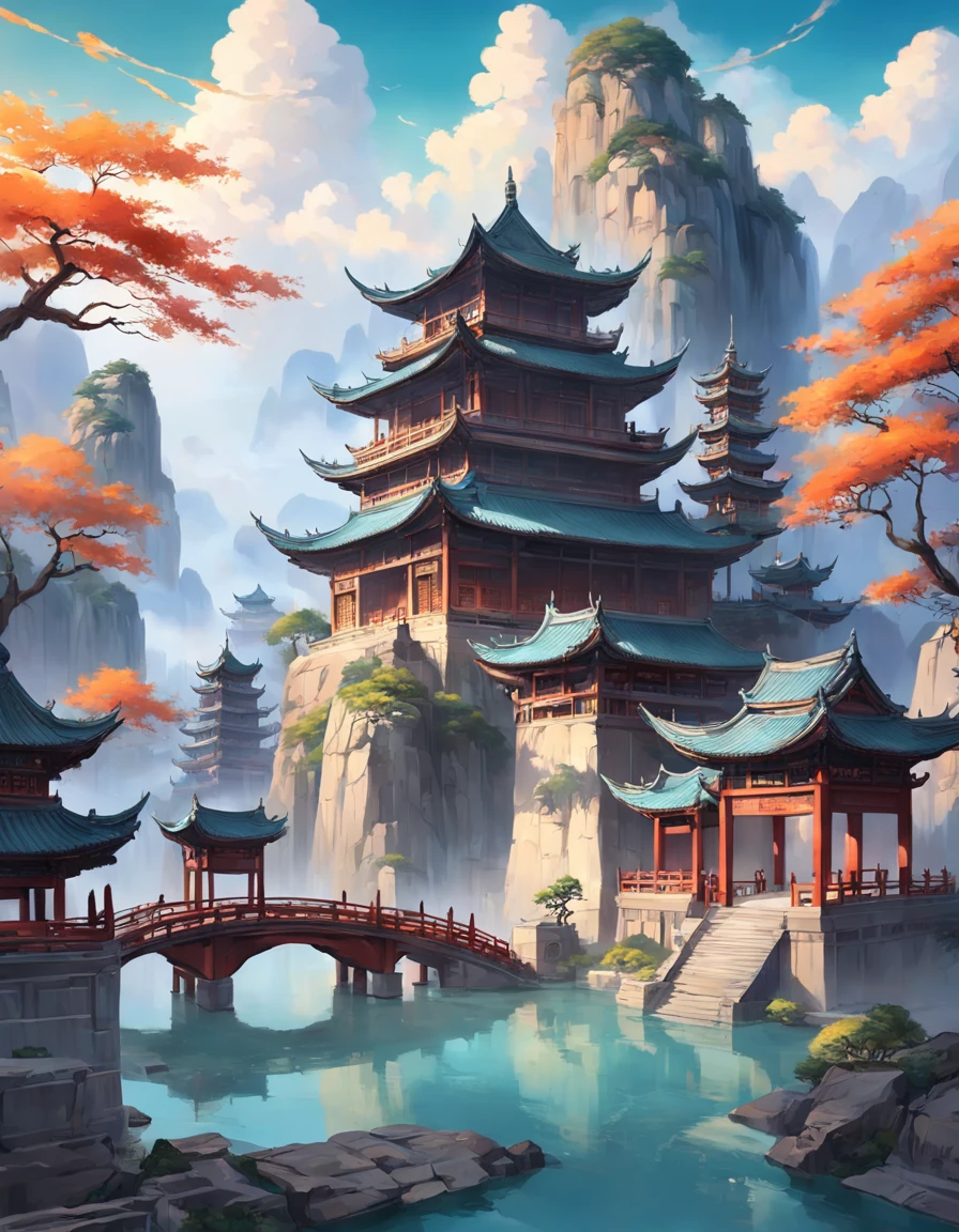 There is a painting，The painting depicts dreamy landscape art, Zen temple background, Oriental fantasy, landscape artwork, Temple background, background artwork, dreamy scenes, Detailed scenery —width 672, dreamy Chinese towns, oriental wallpaper, Chinese landscape, dreamlike digital painting, Atmospheric fantasy sky, dreamy matte painting, surreal dreamscape, Fantasy background