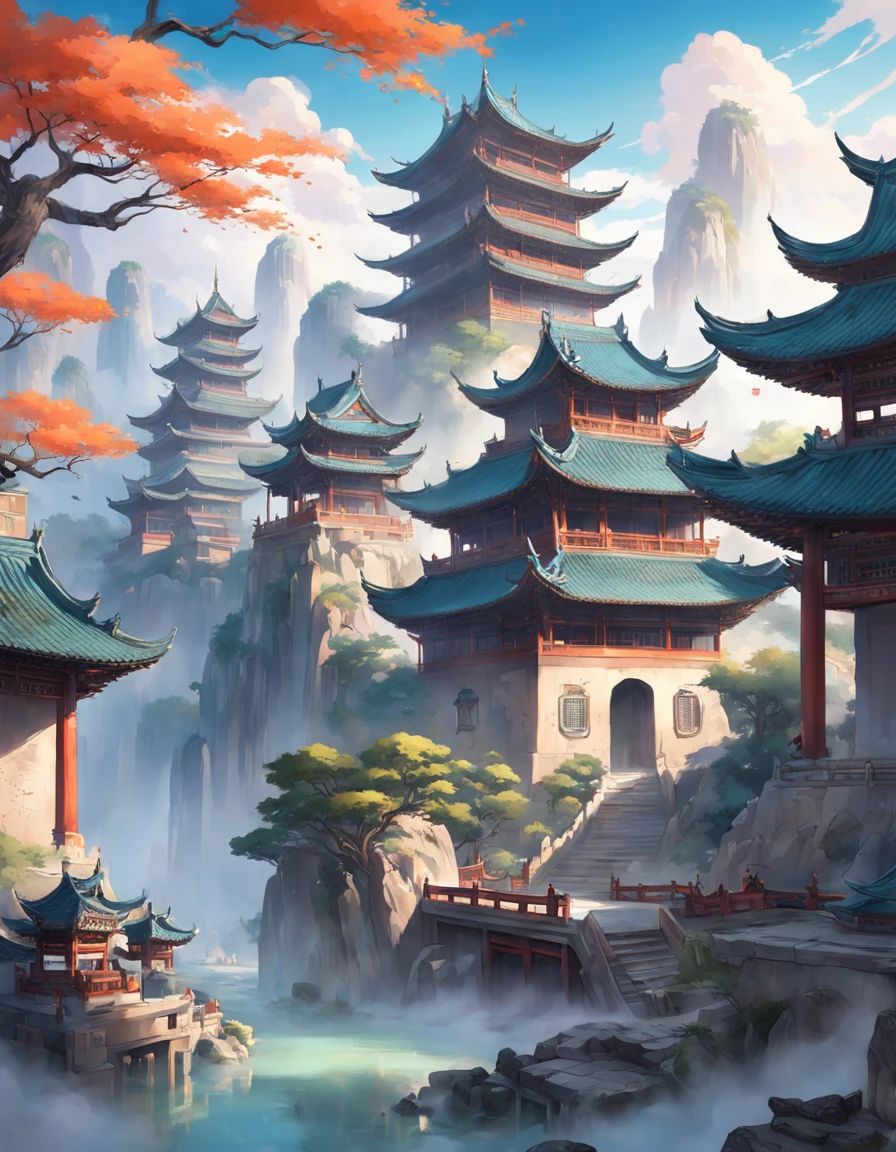 There is a painting,The painting depicts dreamy landscape art, Zen temple background, Oriental fantasy, landscape artwork, Temple background, background artwork, dreamy scenes, Detailed scenery —width 672, dreamy Chinese towns, oriental wallpaper, Chinese landscape, dreamlike digital painting, Atmospheric fantasy sky, dreamy matte painting, surreal dreamscape, Fantasy background