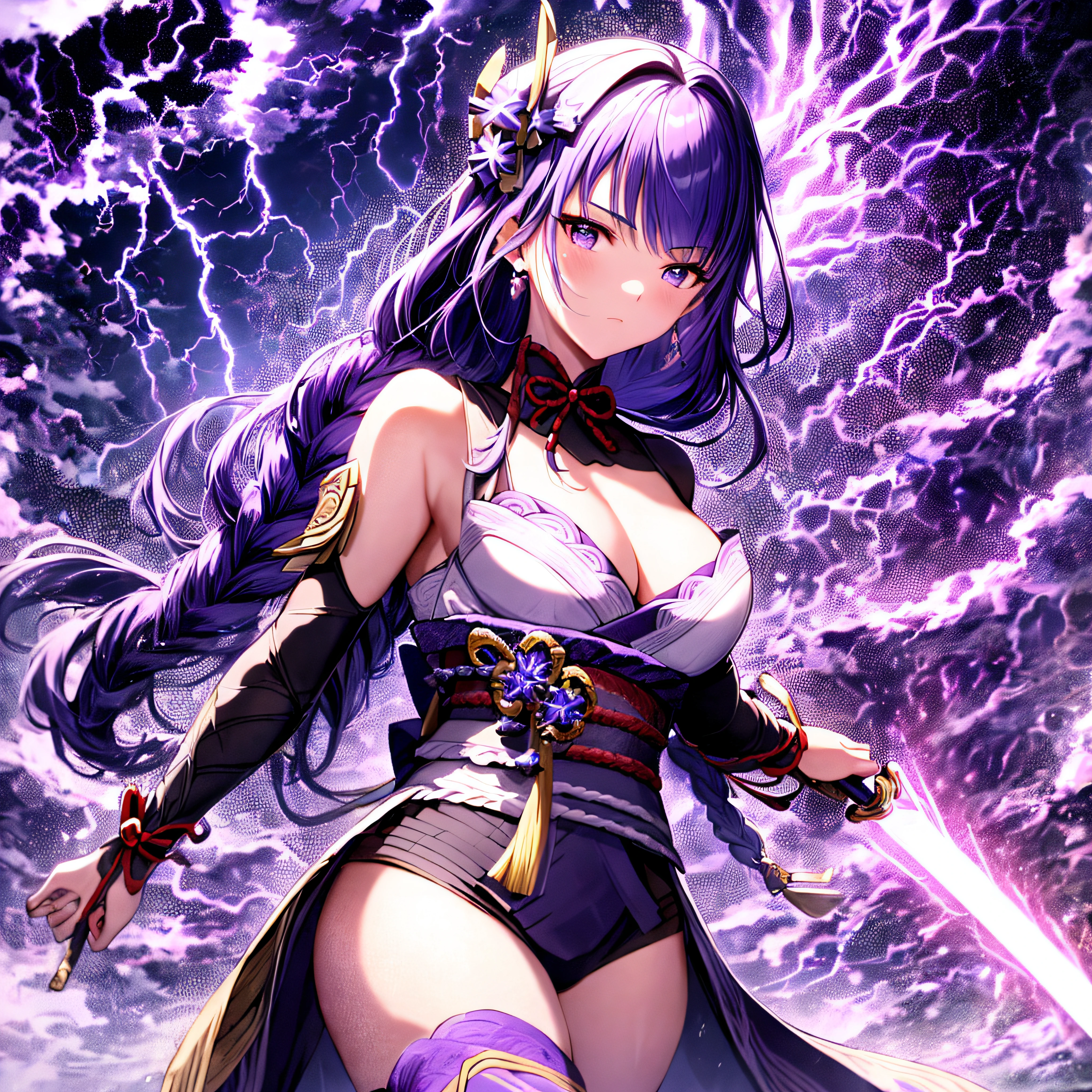 Create a breathtaking artwork capturing the enigmatic beauty and power of the character Raiden Shogun from Genshin Impact. Portray her standing atop the divine lightning, her ceremonial attire flowing majestically as she wields her polearm 'Musou Shinsetsu.' The backdrop should showcase the ephemeral splendor of the Inazuma landscape, with thunderstorms illuminating the horizon and the emblematic Shogun's palace faintly visible in the distance. Let the artwork evoke a sense of both reverence and mystery, capturing the essence of Raiden Shogun's character in all its glory, lightning sword, lightning aura.