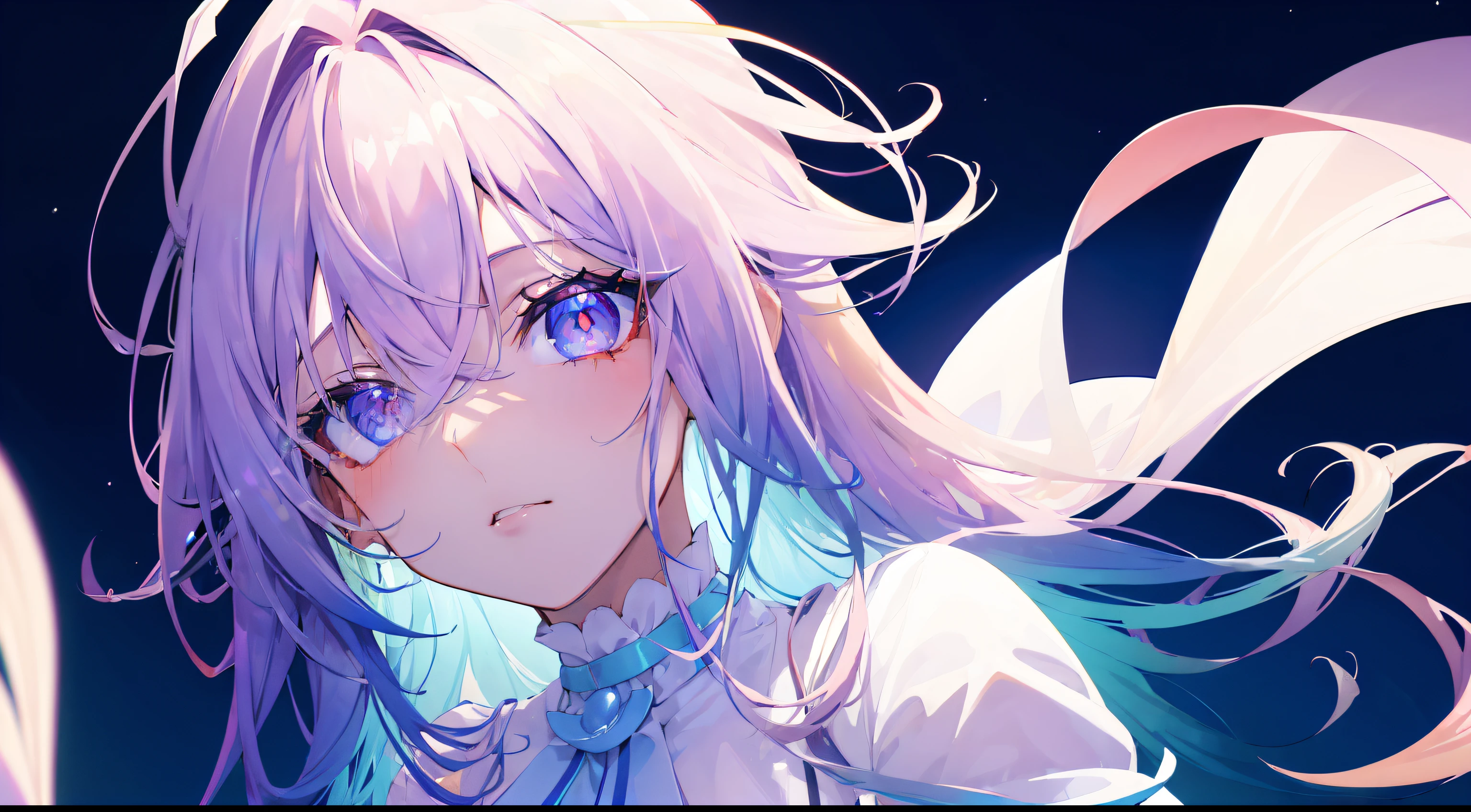(gradient hair:1.6), dutch angle, film grain, chromatic aberration, starry sky, masterpiece, best quality, raw photo, photorealistic, absurdres, 1girl, cute, perspective, cowboy shot, highres, ultra detailed, finely detail, detailed eyes and face, sharp pupils, realistic pupils, sharp focus, summer, (white long dress:0.6)