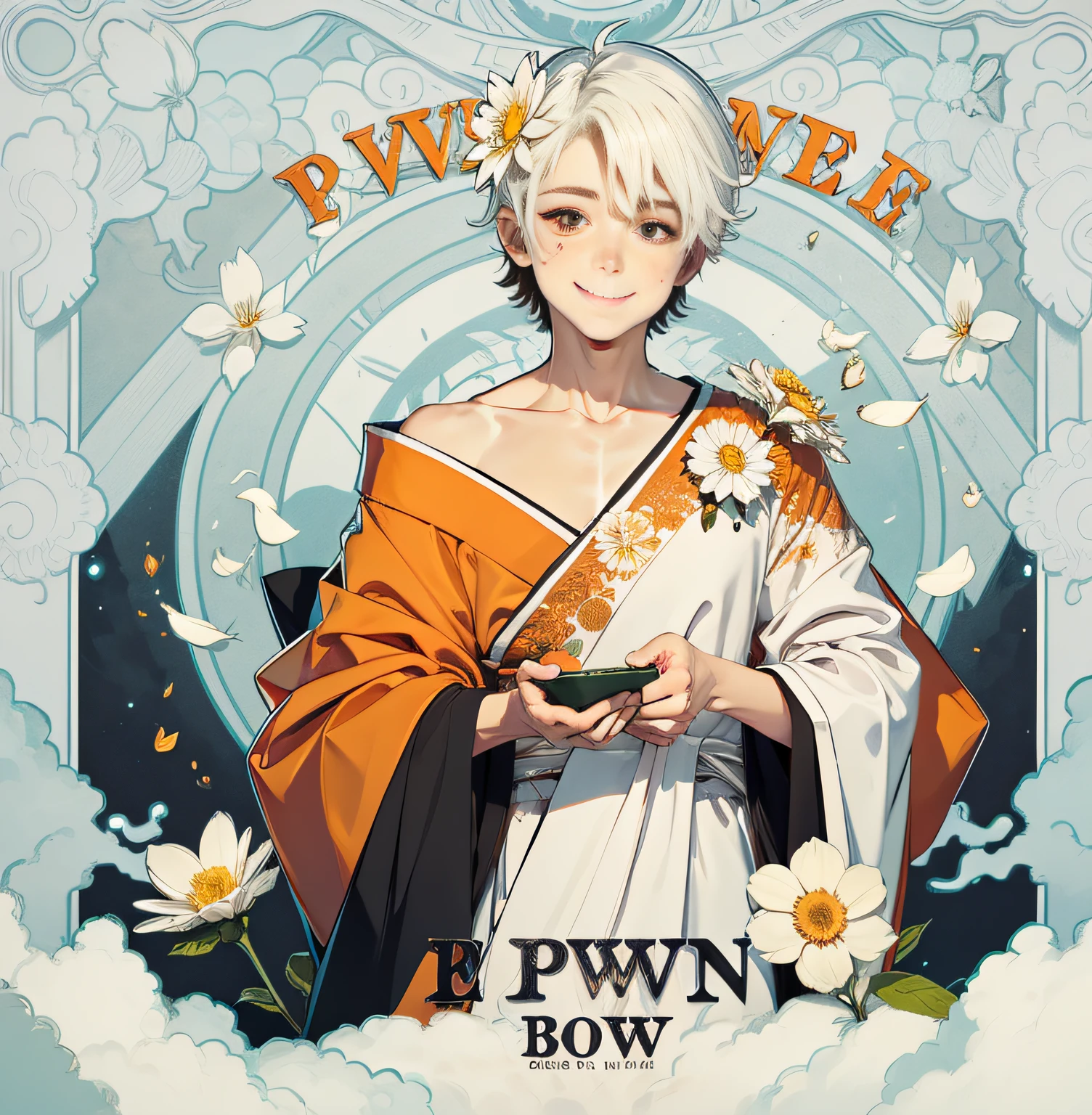 A cute smiling boy,A white flower is pinned to his ear,Wears an off-the-shoulder kimono,The eyes are big,The word "dawn" is also written in orange under the right eyelid