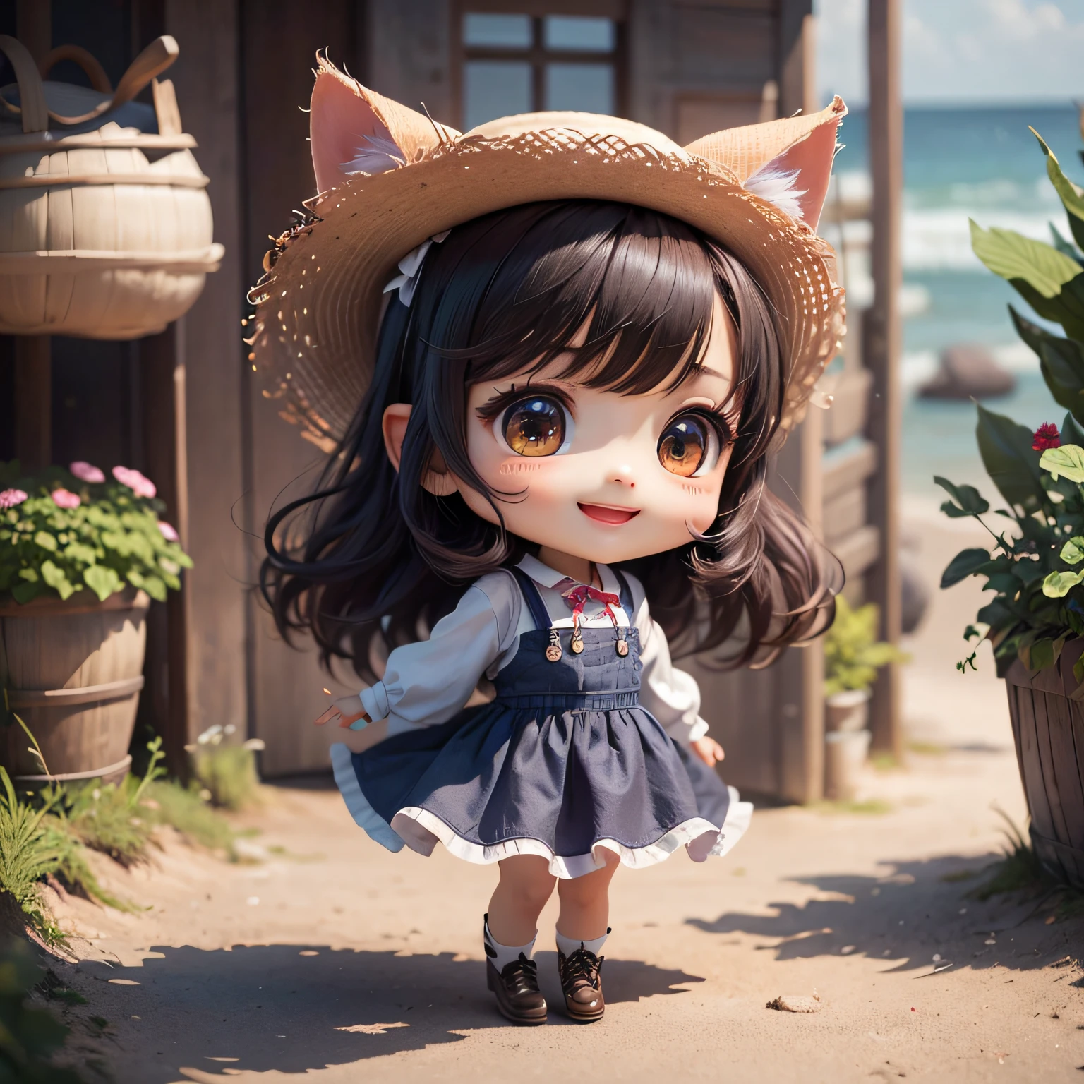 tmasterpiece、top-quality、ultra - detailed、One Cat Girl、（((Chibi Chara))）、wearing in a summer dress、wearing straw hat、Sea、Sima、Fantastic landscape、A smile、open open mouth、pretty hair、Hair fluttering in the wind、The skirt fluttered sideways、(shot from afar)