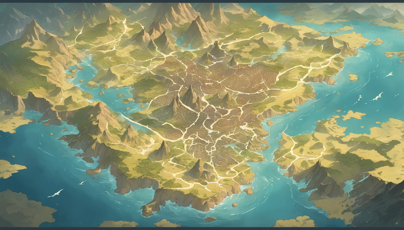 Ancient maps,In the middle of the map are hills,To the north of the map is the highlands,To the south is a basin with many lakes,To the west is the desert,To the east is the plain,There are many rivers,Surrounded by the sea,Fantasy cartography,Game map,Detailed map,steam workshop maps,D&D style fantasy map design,Top-down view