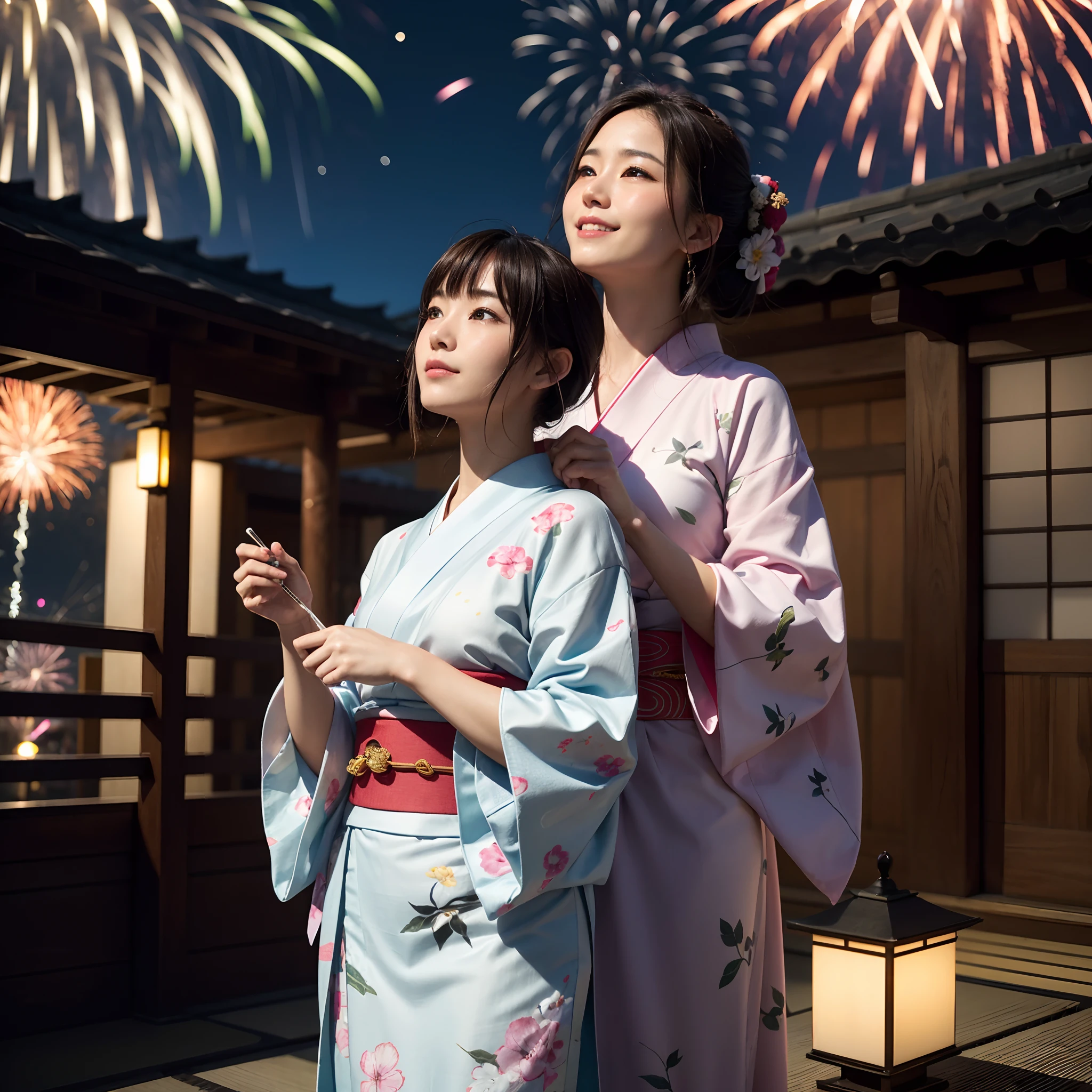 (in 8K、RAW Photos、top-quality、masterpiece:1.2)、(realisitic、Photorealsitic:1.37)、ultra-detailliert、超A high resolution、lighting like a movie、(((Beautiful Japan woman looking up at fireworks)))、A smile、woman wearing the kimono、classy yukata clothing、Wearing a colorful yukata、Wearing a kimono、japanese kimono、wearing a haori、Yukata with morning glory pattern、Have a yoyo、Have a fan、dynamic ungle、动态照明