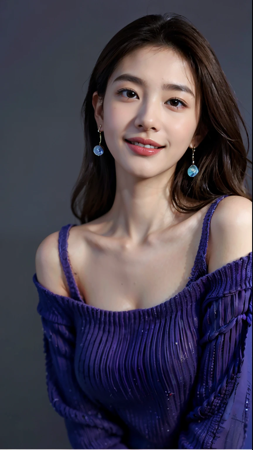 (top-quality、8K、32K、masterpiece、nffsw:1.2)、Photo of a cute Japanese woman、huge tit、The skin is shiny、Oily、semi long hair、The upper part of the body、sface focus、(Blue Super Large_Sweaters、:1.4)a necklace、simple background、looking at the viewers、Leaning forward、Chain Earrings、bandana、bangle、The sheen、looking happy smile、Brown hair、