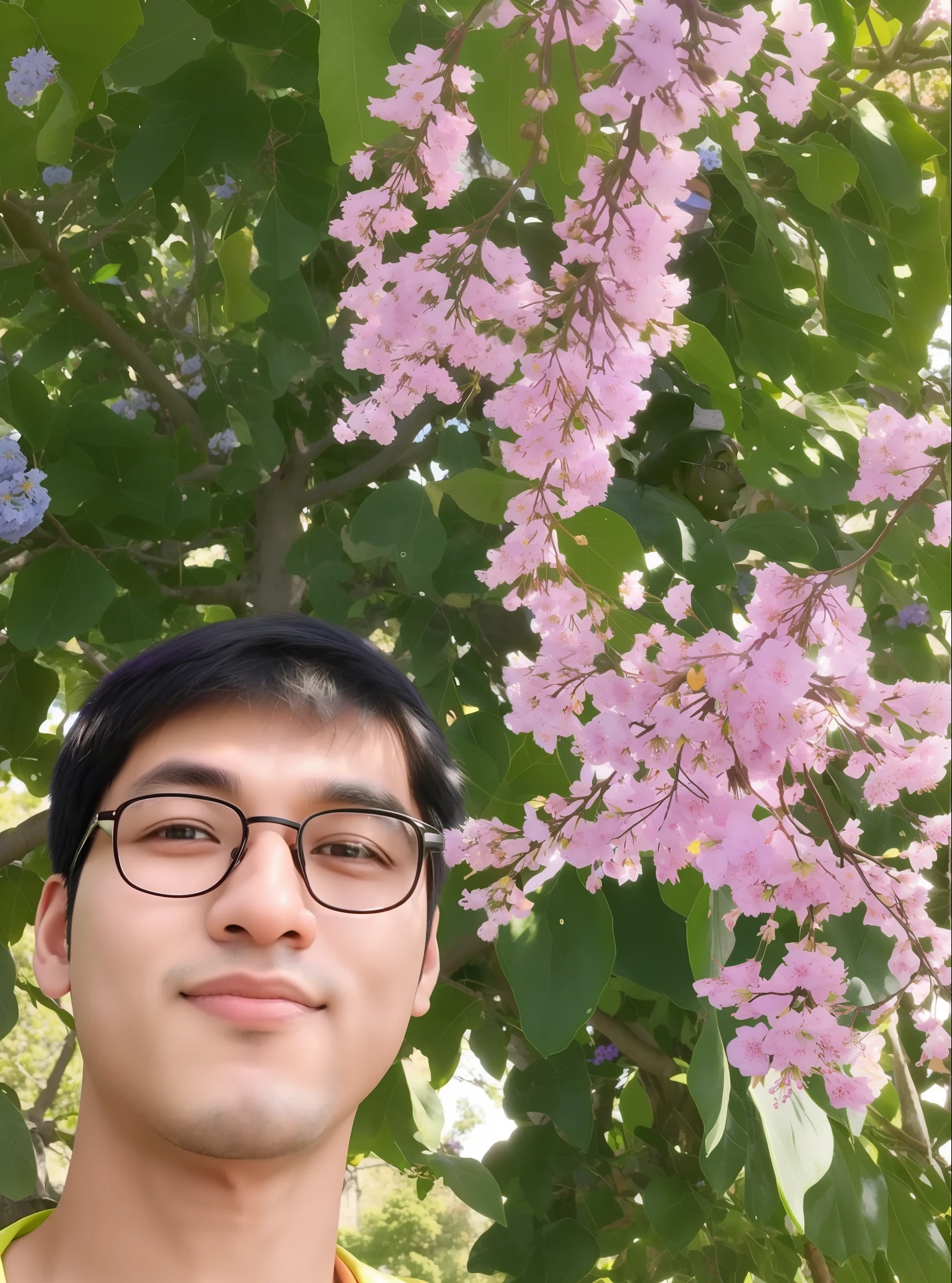 arafed man wearing glasses standing in front of a tree with purple flowers, with flowers, 2 7 years old, nivanh chanthara, 2 3 years old, 2 8 years old, profile picture 1024px, cheeryblossom, 2 9 years old, hoang long ly, profile picture, seasons!! : 🌸 ☀ 🍂 ❄