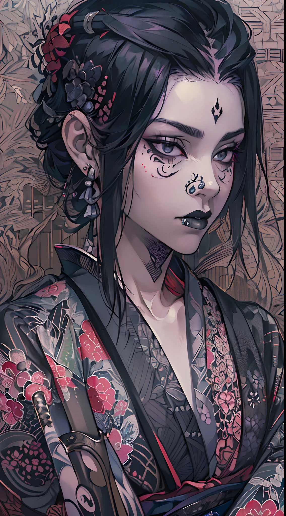 (photorealistic:1.3), masterpiece, best quality, (intricate details:1.2), (scenery:1.3), beautiful face, (black theme:1.3),
(((1girl, a girl in patterned kimono holding a dagger in her hand, (look at veiwer:1.3), (face tattoo:1.2), small oni horn,
))), full body, split in half
