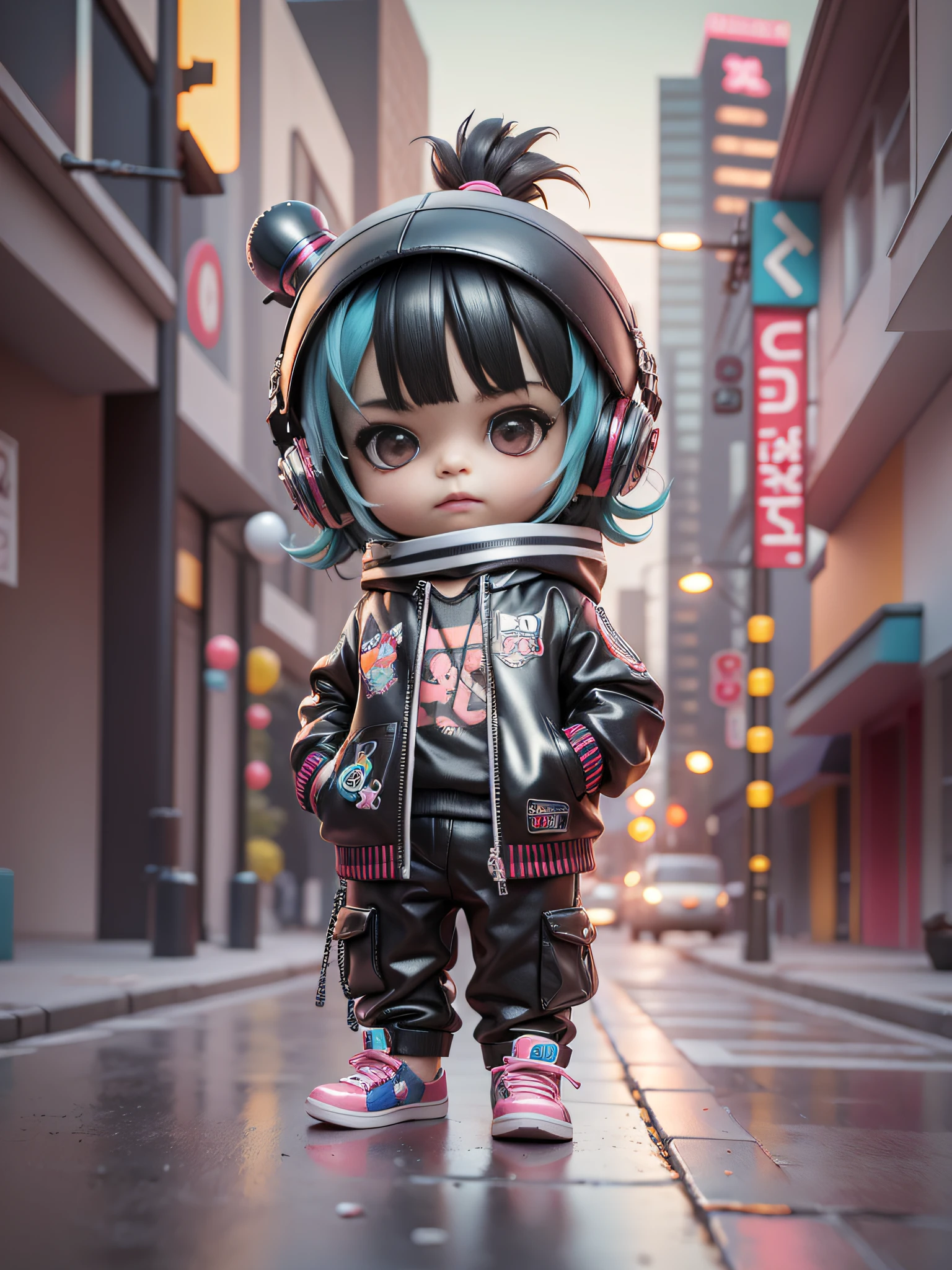 3d toy, 3d rendering, ip, cyberpunk style, chibi, cute boy, mask, simple background, best quality, c4d, blender, 3D MODEL, TOYS, VIVID COLORS, STREET STYLE, HIGH RESOLUTION, A LOT OF DETAILS, PIXAR, CANDY COLORS, BIG SHOES, FASHION TRENDS, ART