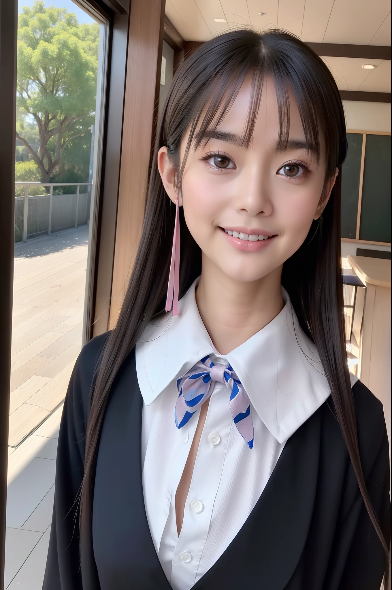 ((Classroom、hi-school girl、校服、Chest ribbon、A slight smil、top-quality、8k、masterpiece:1.5))、foco nítido:1.5、Beautiful woman with perfect body:1.5、slim abdomen:1.2、((poneyTail、huge tit:1.2))、Highly detailed facial and skin texture、 A detailed eye、二重まぶた