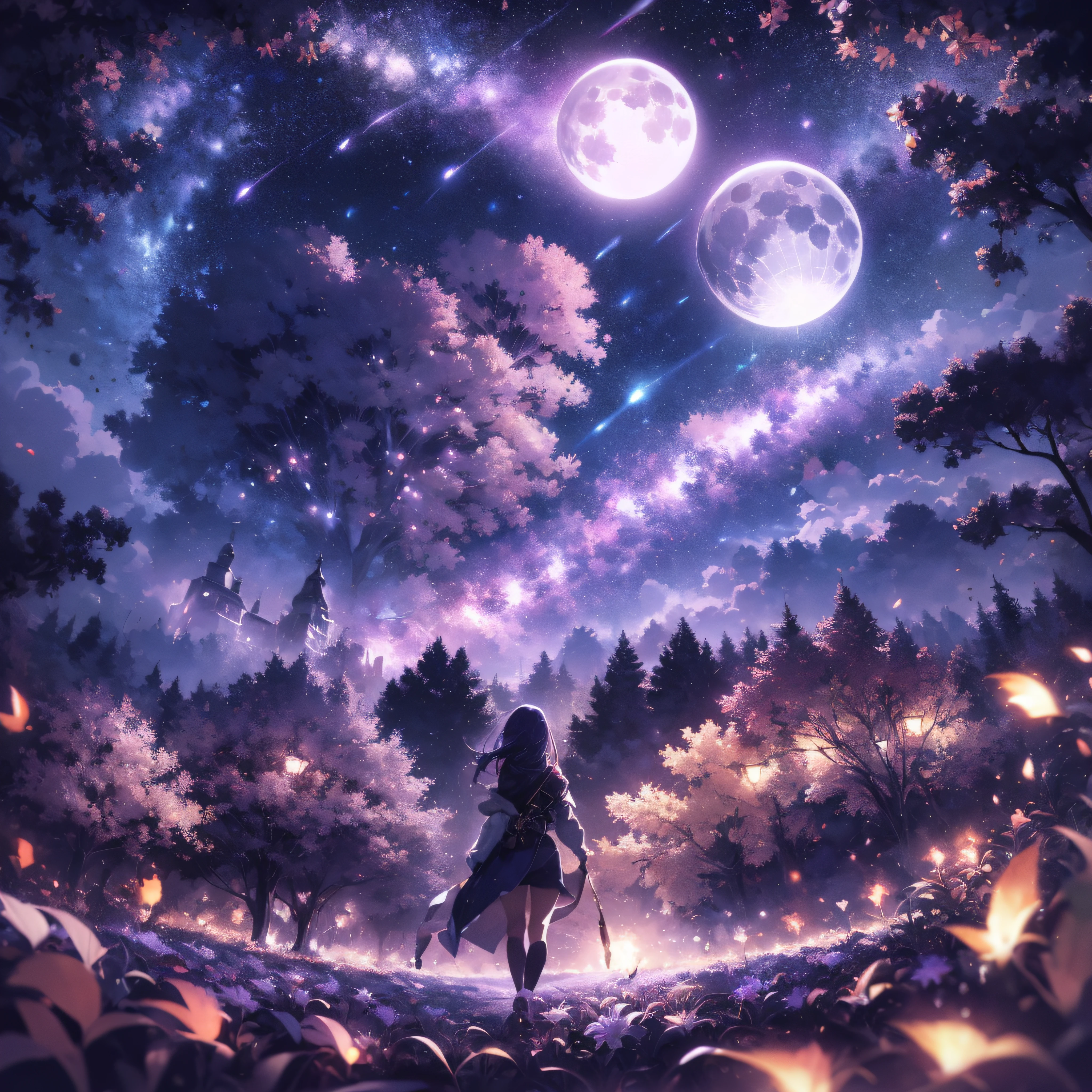 expansive landscape photograph , (a view from below that shows sky above and open field below), a girl standing on flower field looking up, (full moon:1.2), ( shooting stars:0.9), (nebula:1.3), distant mountain, tree BREAK
production art, (warm light source:1.2), (Firefly:1.2), lamp, lot of purple and orange, intricate details, volumetric lighting BREAK
(masterpiece:1.2), (best quality), 4k, ultra-detailed, (dynamic composition:1.4), highly detailed, colorful details,( iridescent colors:1.2), (glowing lighting, atmospheric lighting), dreamy, magical, (solo:1.2), raiden mei, purple hair, lightning aura.