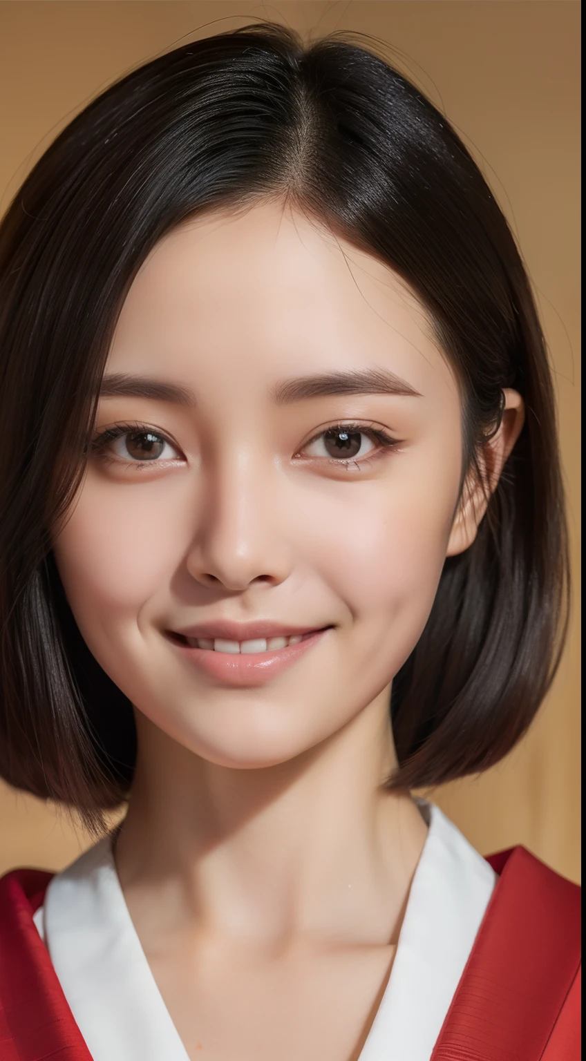 ((top-quality、8K、fully body photo、masterpiece:1.3))、top-quality、Facial Focus、kimono、komono、Soft light、bangss(Japan 0.1 : Korea 0.1 : Taiwan 0.3、depth of fields)、超A high resolution、(Photorealsitic:1.4)、Raw photography、Best Quality, 、, ultra-detailliert、looking happy smile、Mouth closed、finely detail, hight resolution, 8K、perfect eyes、big eye、Beautiful detailed eyes, bath robe,Medium Hair,Small breasts natural color lip, full body Esbian、20 years girl、Focus while looking at the camera:1.2、Beautiful woman with perfect body shape:1.4、(Red kimono)、Highly detailed facial and skin texture、A detailed eye、(s lips) 、Diabolical