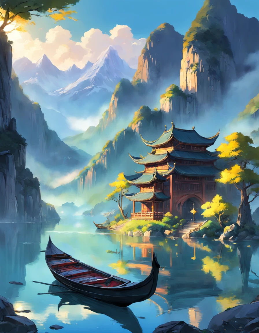 Draw a boat in a lake with mountains and sunshine, dreamlike digital painting, fantasy digital painting, fantasy. gondola boat, Chinese style painting, digital cartoon painting art, glossy digital painting, Chinese painting style, Digital fantasy painting, 8k resolution digital painting, 8 k resolution digital painting, Fantasy landscape painting, A beautiful artwork illustration, 4 k digital painting