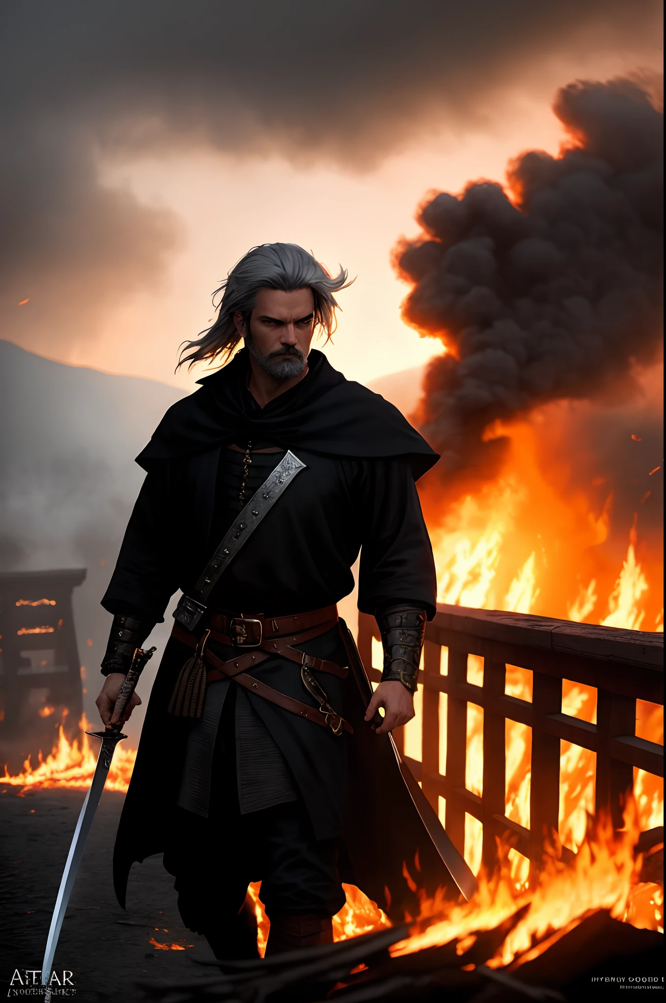 Whiskeyjack, veteran warrior, general, fantasy world, swordman, solo, half gray hair, black beard, photorealistic render, burning gothic bridge, extremely detailed, menacing gaze, hyperrealistic lighting, masterpiece, artstation, raymarching reflections, foggy sunset, burning fire battlefield, messy hair, medieval, artstation, epic broken sword,