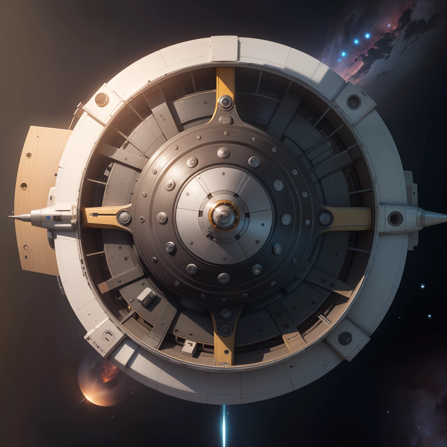 Disc-shaped spacecraft with a diameter of 200 meters,Very flat,Two rod engines in parallel positions are externally connected