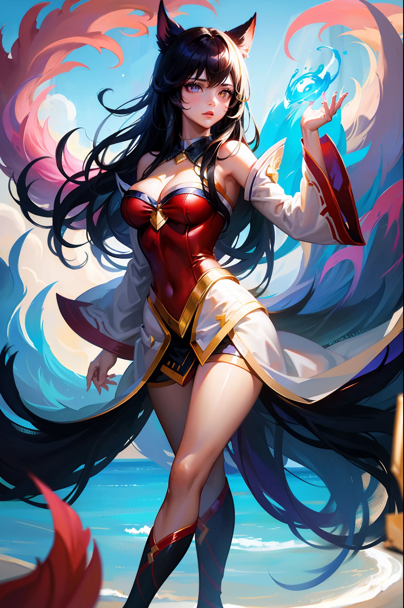 ahri, ahri_\(league_of_legends\), 1girl, absurdres, animal_ears, black_hair, breasts, detached_sleeves, distr, facial_mark, fox_ears, fox_tail, hand_up, highres, large_breasts, league_of_legends, long_hair, long_sleeves, looking_at_viewer, magic, multiple_tails, orange_eyes, parted_lips, solo, standing, standing_on_one_leg, tail