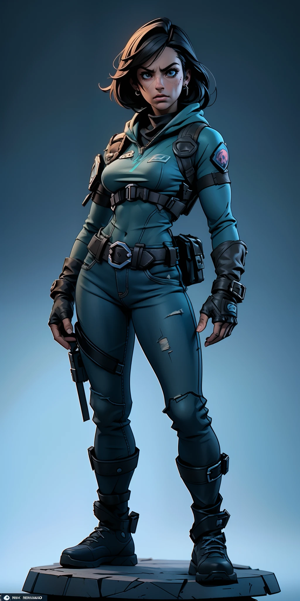 Obraprima, melhor qualidade, Ultra Detalhado, 8k, Jill Valentine Resident Evil, Pose de combate, cidade enfestada de zumbi, top azul rasgado, saia jeans, Botas, rosto bonito, perfect hands, corpo esbelto, cintura marcada, corpo magro, rosto simetrico, corpo proporcional, well-formed hands, art-station, foco fino
