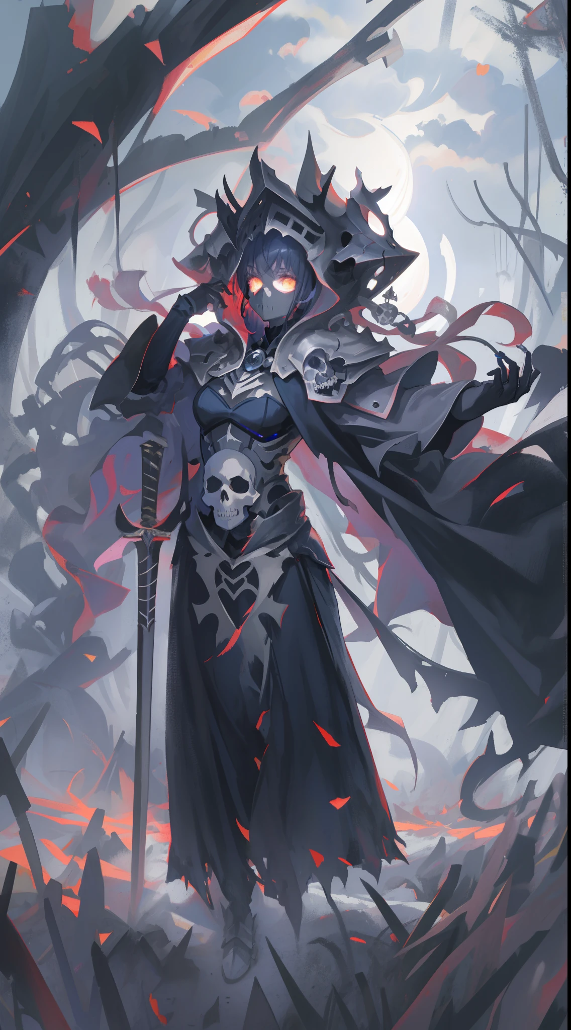 ((Masterpiece, Best quality, illustration)), chaos theme, horror theme, A girl, covering eyes, Mask, skull, head gear, skeletal armor, skeleton print, Armored dress, floating capelet, jacket removed, Solo, Many planted_sword, 废墟, Cloudy sky, nevando, Dark lighting