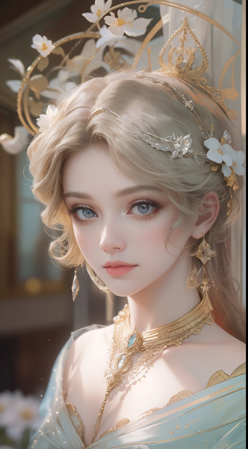 tmasterpiece,Best picture quality,A beautiful bust of a noble maiden,Delicate classical braided hair,Clear and shiny eyes,The hair is covered with beautiful and delicate floral craftsmanship,Crystal jewelry filigree,Ultra-detailed details,Soft lighting。