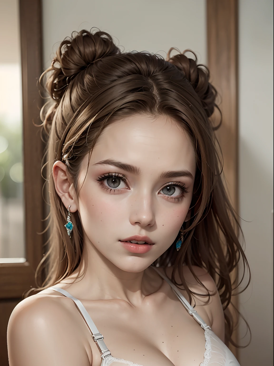 corpo inteiro, best quality, Altas, Contrata, skin definition, pele detalhada, Olhos detalhados, Rosto detalhado, (caucasiana:1.5), Realista, ((Modelo AV)), 4k, 8k, (fotorrealista:1.5), Realistic, UHD, Beautiful, barnet, maquiagem perfeita, ((lingerie branca, sexy bra, Meias de rede de pesca, cinta-liga, salto alto)), (Seios enormes:1.25), seios enormes, Clivagem longa, Curvy, peituda, figura da ampulheta, 1girl, sozinho, pose sexy, parte superior do corpo, beautiful face, caucasiana, NSFW, retrato, white hot bra, tema branco, seios grandes, peitos longos enormes, twin tail