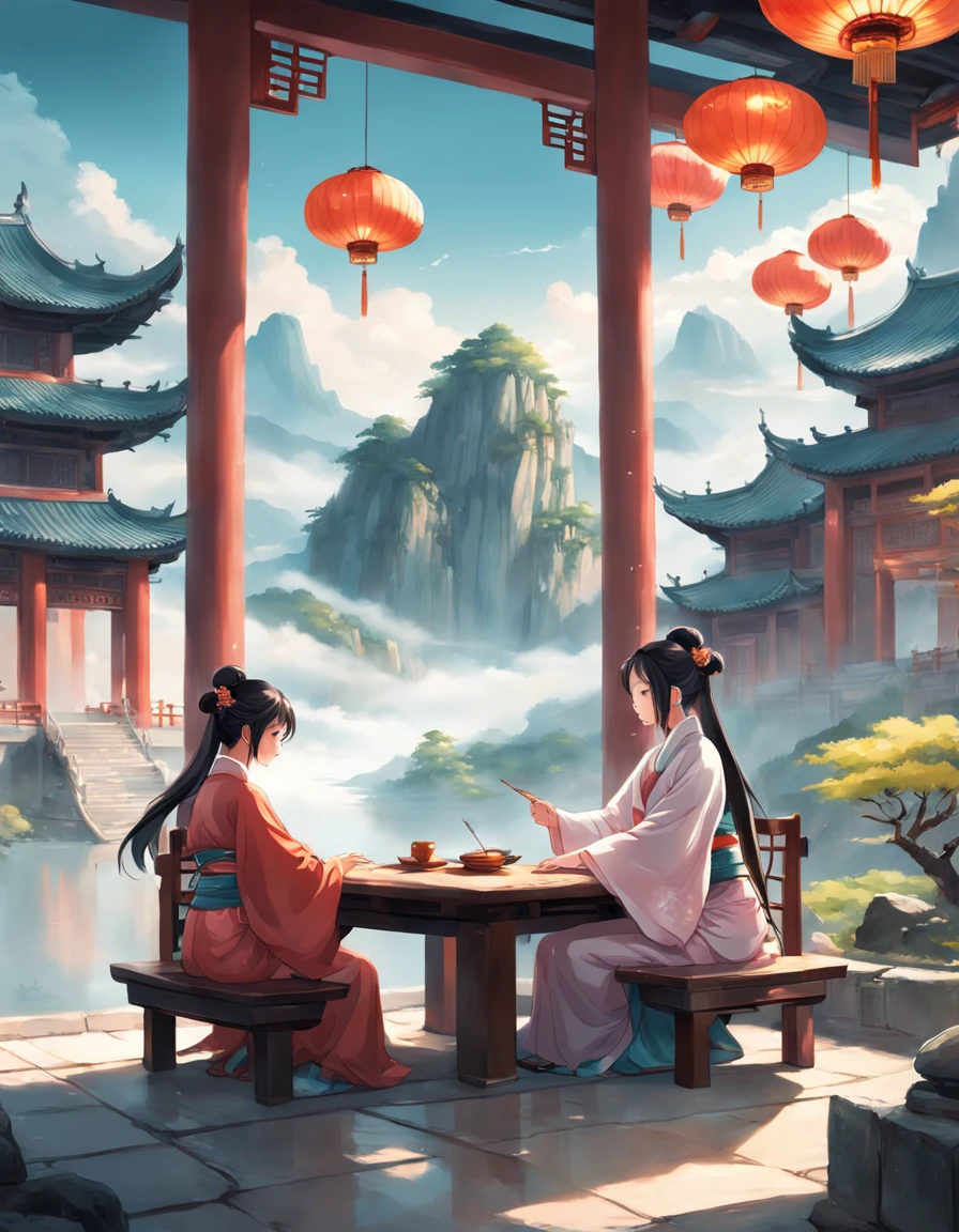 There is a painting,The painting depicts two Hanfu women sitting at a table, dream scenery art, Zen temple background, Oriental fantasy, landscape artwork, Temple background, background artwork, dreamy scenes, Detailed scenery —width 672, dreamy Chinese towns, oriental wallpaper, Chinese landscape, dreamlike digital painting, Atmospheric fantasy sky, dreamy matte painting, surreal dreamscape, Fantasy background