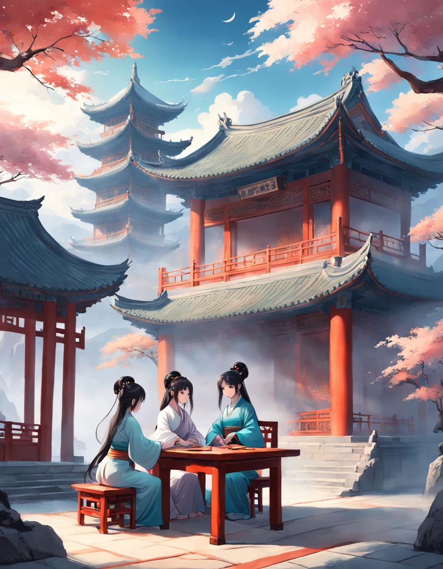 There is a painting,The painting depicts two Hanfu women sitting at a table, dream scenery art, Zen temple background, Oriental fantasy, landscape artwork, Temple background, background artwork, dreamy scenes, Detailed scenery —width 672, dreamy Chinese towns, oriental wallpaper, Chinese landscape, dreamlike digital painting, Atmospheric fantasy sky, dreamy matte painting, surreal dreamscape, Fantasy background