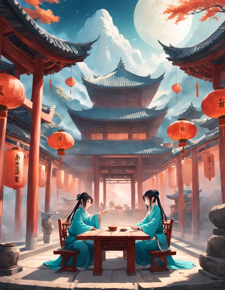 There is a painting,The painting depicts two Hanfu women sitting at a table, dream scenery art, Zen temple background, Oriental fantasy, landscape artwork, Temple background, background artwork, dreamy scenes, Detailed scenery —width 672, dreamy Chinese towns, oriental wallpaper, Chinese landscape, dreamlike digital painting, Atmospheric fantasy sky, dreamy matte painting, surreal dreamscape, Fantasy background