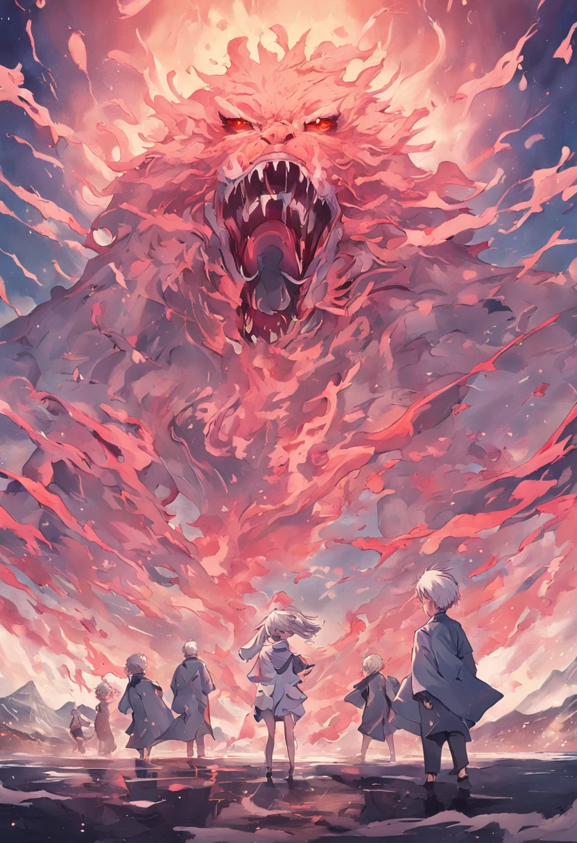 In the picture by the sea,A group of monsters in suits,Their hair is thinning and bald,The body is deformed by radiation。In the background is a magnificent mountain,And the top of this mountain,It is famous as Mt. Fuji。Despite the sight of a nuclear explosion behind it,These monsters carry pure white flags,They giggled and giggled,As if he didn't care about everything around him。