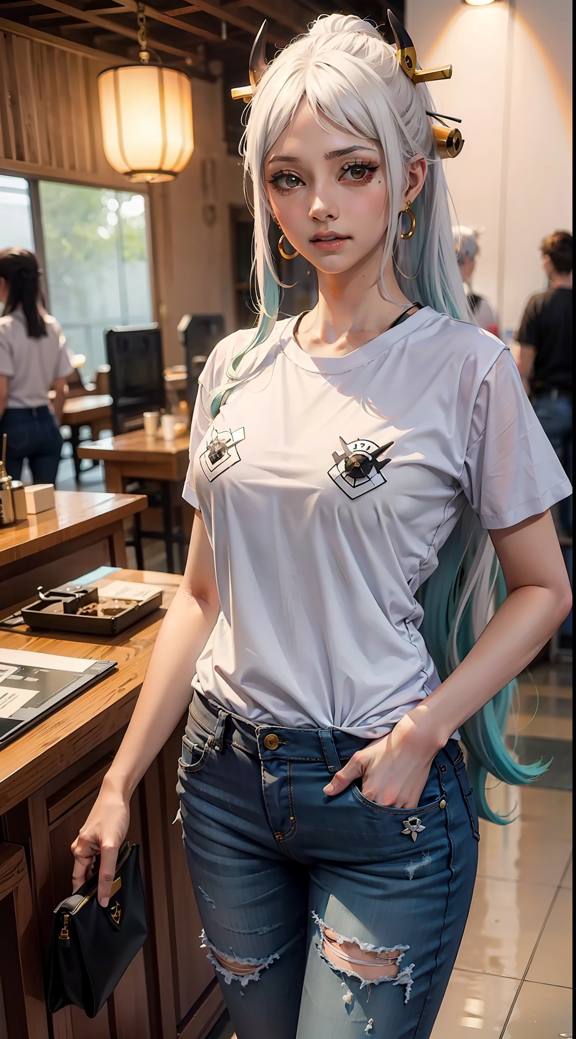 yamato from anime one piece, white hair, light blue hair tips, perfect body, perfect breasts, beautiful woman, very beautiful, wears black oversized t-shirt, short jeans, wears handbag, wears watch, wears earrings, super market , Realism , masterpiece, textured skin, super detailed, high detailed, high quality, best quality, 1080P, HD, 16k