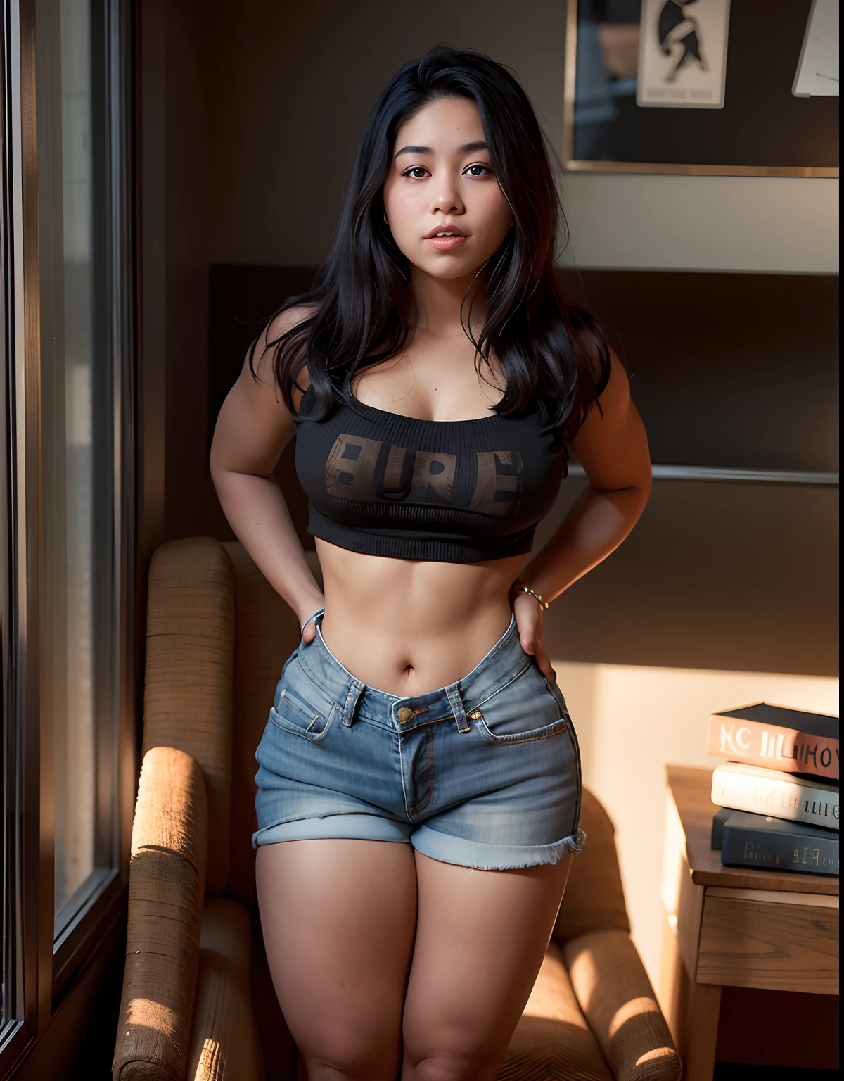 arafed woman in a black shirt and denim shorts posing for a picture, thick body, thicc, 18 years old, 21 years old, middle body shot, 2 , pretty face with arms and legs, short robust woman, 2 3 years oldbeautiful body, sexy look, skinny waist and thick hips, strong pose