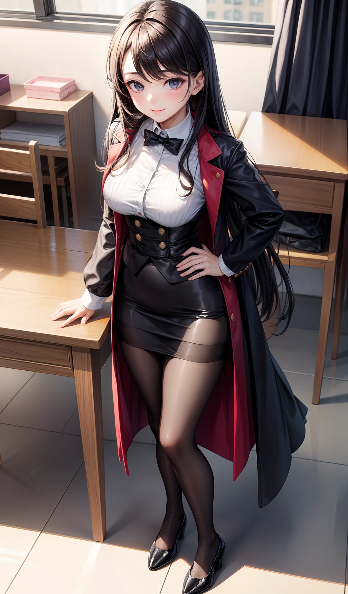 governess、Beauty teacher、Excellent style、Nice Buddy、glamorous、Classroom、is standing、full body seen、skirt by the、pantyhose、Gentle smile