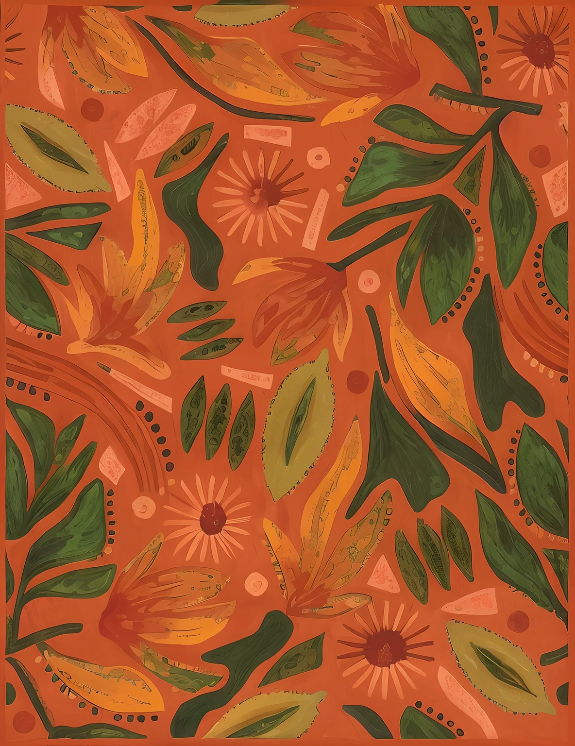 a painting of a pattern with black and pink flowers, preto e terracota, textile print, palete de cor preta e auburn, melting in coral pattern, flores marrons, papel de parede floral, Directed by: Lisa Milroy, floral pattern, linhas finas pretas em marrom quente, botanical printing, design de papel de parede, marrons mudos, plantas por todo o lado, Detalhe intrincado da pincelada, (Por Tom Purvis)