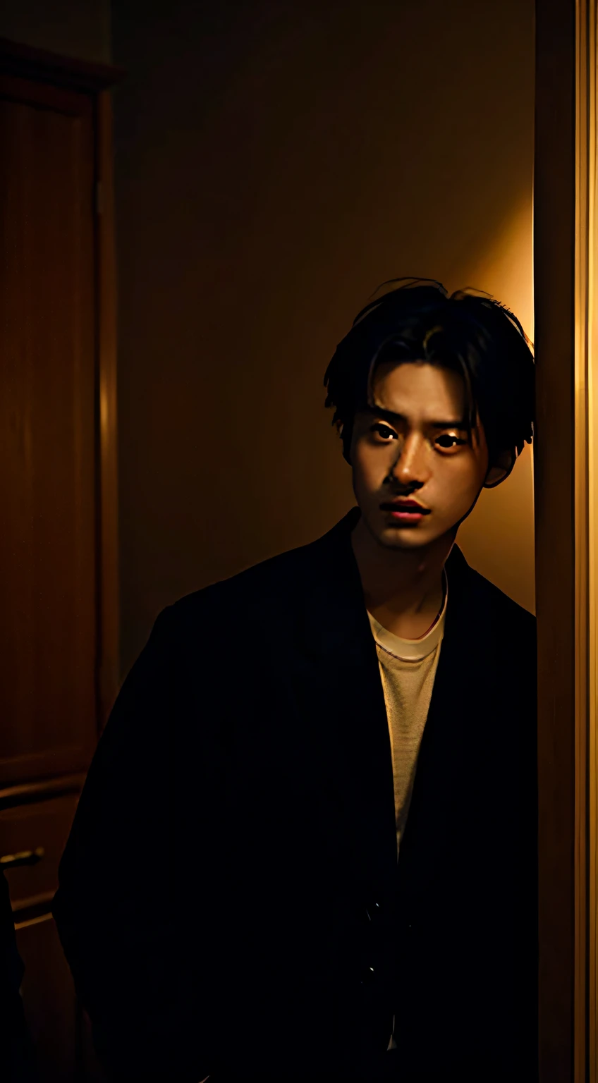 Best picture quality， tmasterpiece， 超高分辨率，（Fidelity：1.4）， photore， 1   boy，[（Anxious）]，Rental housing，Dimly lit， darkly， be desperate，Worried，knock