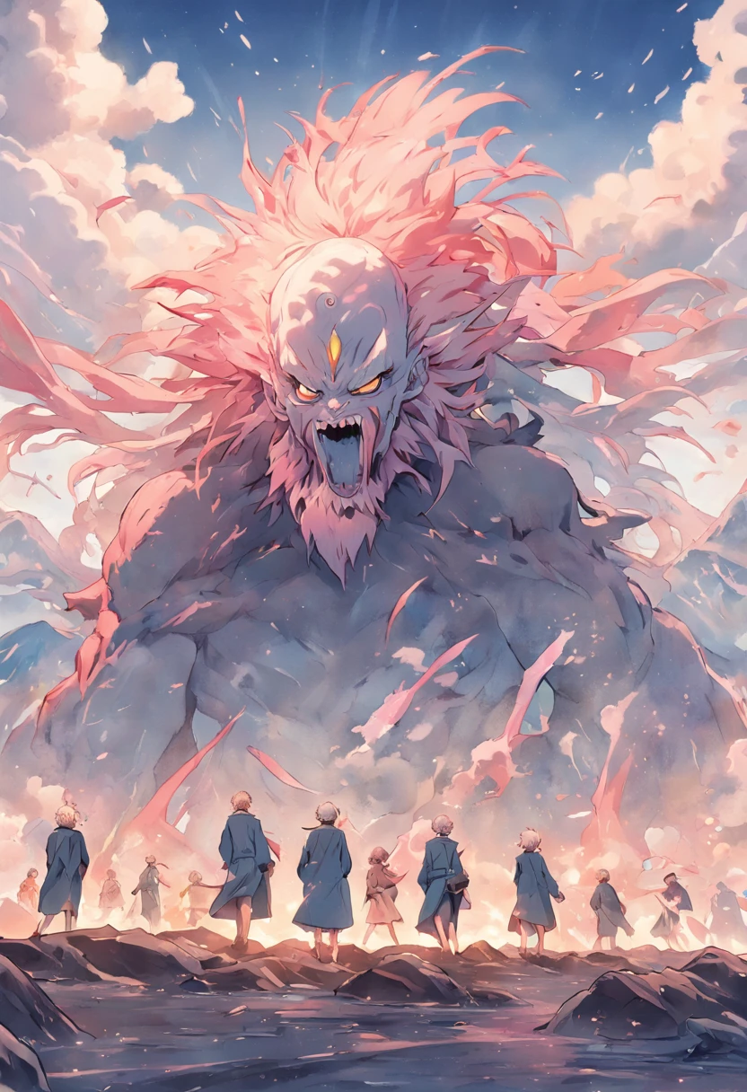 In the picture by the sea，A group of monsters in suits Japanese，Their hair is thinning and bald，The body is deformed by radiation。In the background is a magnificent mountain，And the top of this mountain，It is famous as Mt. Fuji。Despite the sight of a nuclear explosion behind it，These monsters carry pure white flags，They giggled and giggled，As if he didn't care about everything around him。